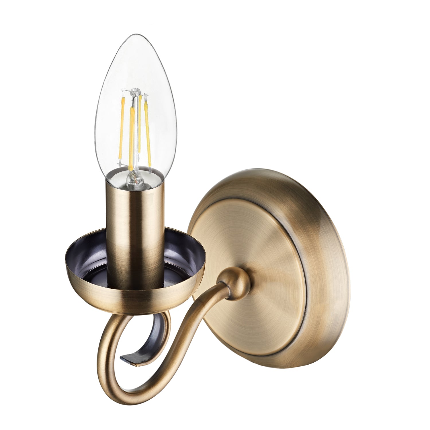 Traditional Antique Brass Wall Light Fitting with Scroll Arm and Pull Switch Image 2