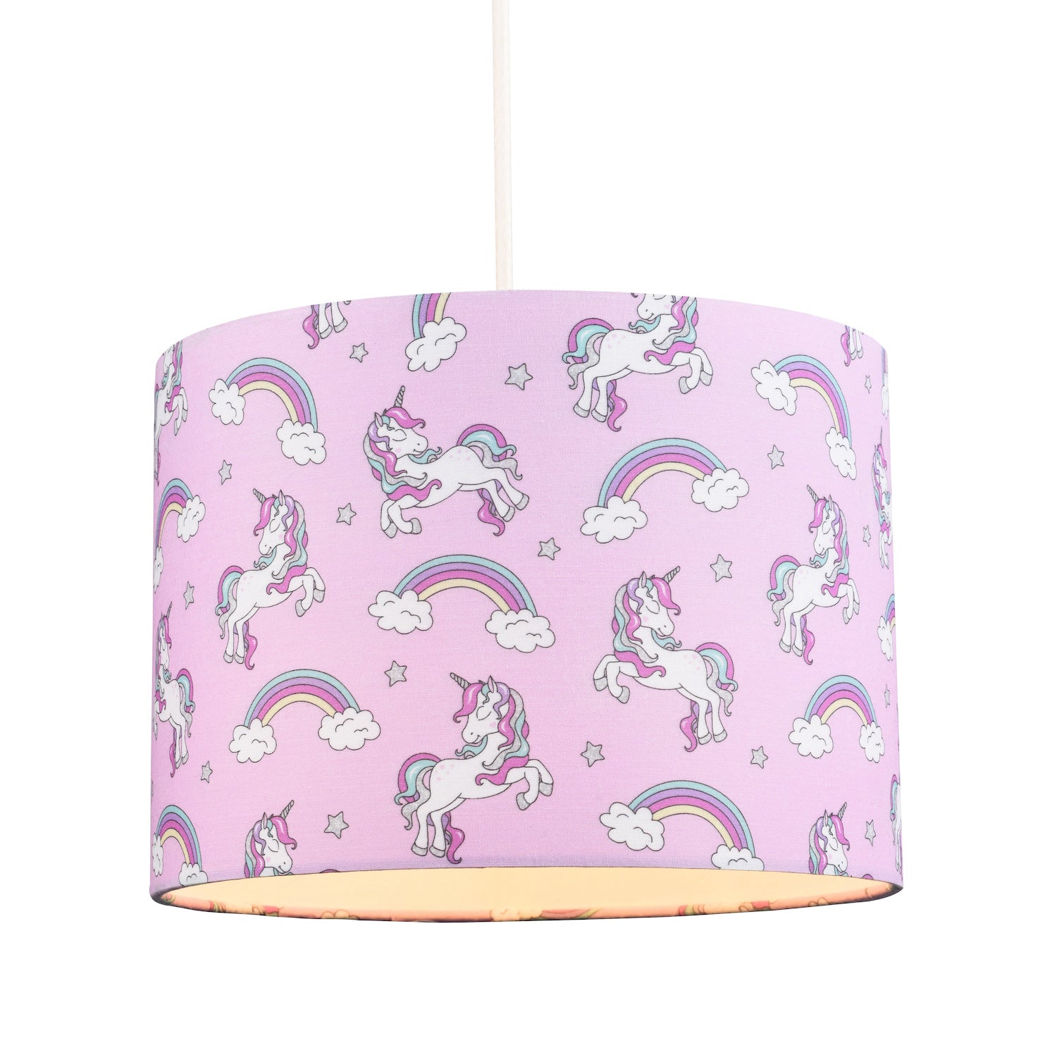 Beautiful Modern Soft Lilac Cotton Lampshade with Unicorns Clouds and Rainbows Image 3