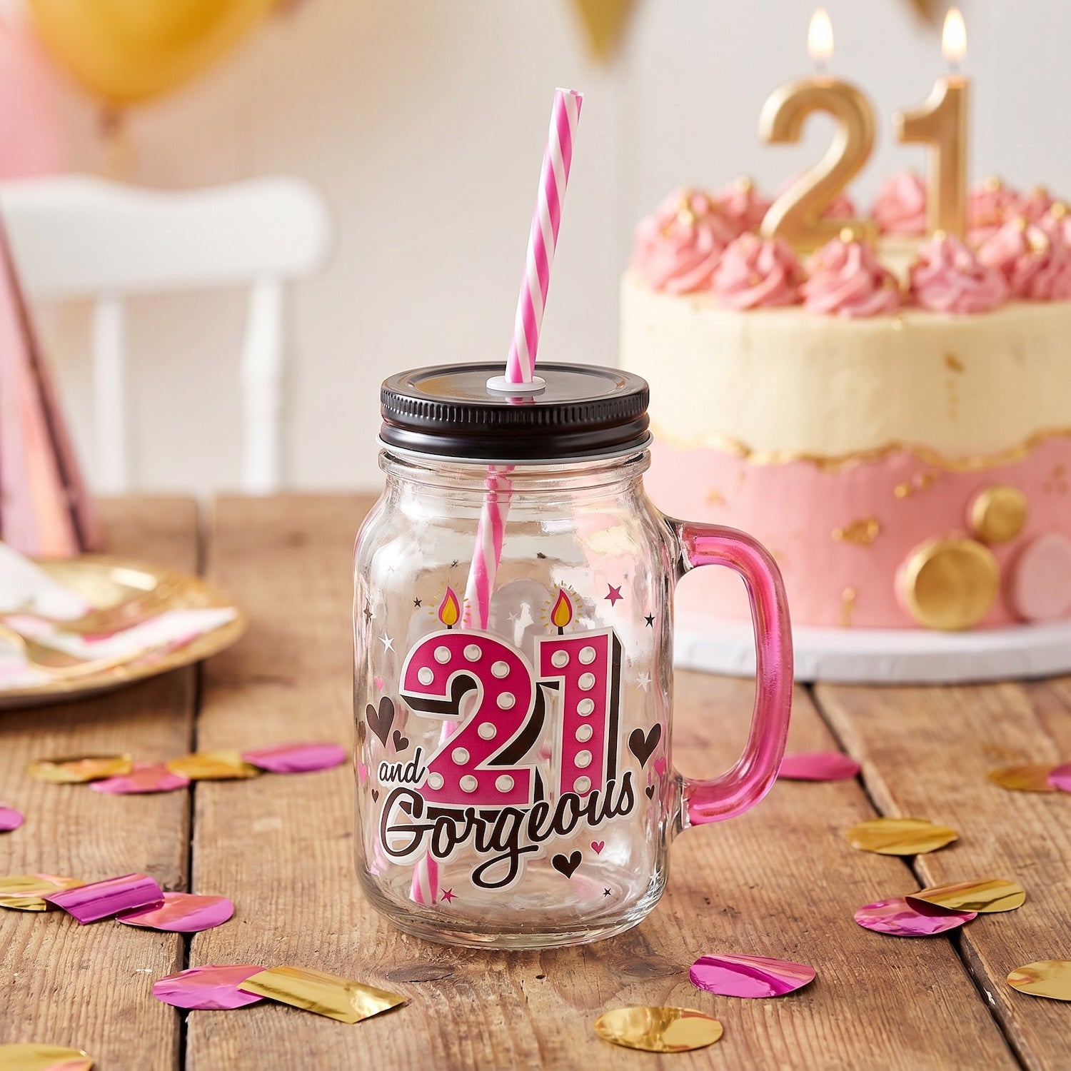21st Birthday Mason Jar With Metal Lid Glass Handle and Pink/White Straw Image 6