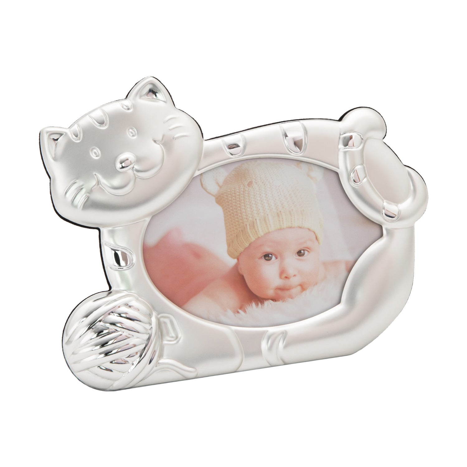 Fun Smiling Cat Themed Satin Silver Picture Frame with String Ball Image 2