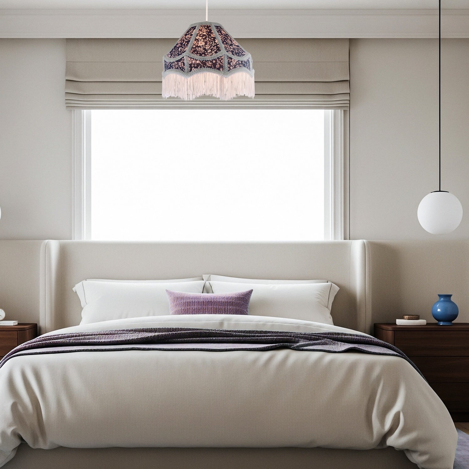 Classic Victorian Empire Lampshade in Navy Blue Cotton with Tassels Image 6