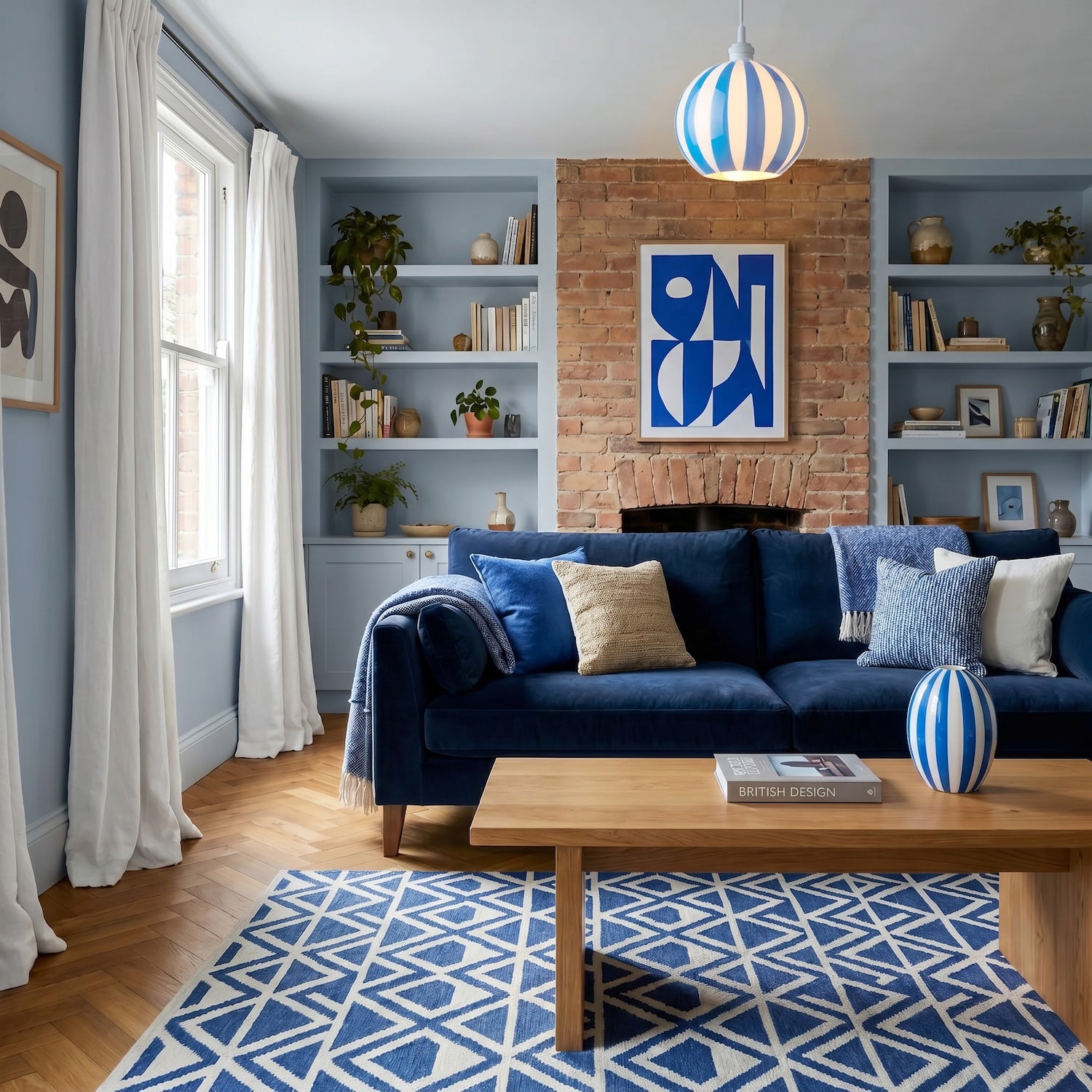 Sky Blue and White Striped High Gloss Glass Globe Pendant Light Shade Image 6