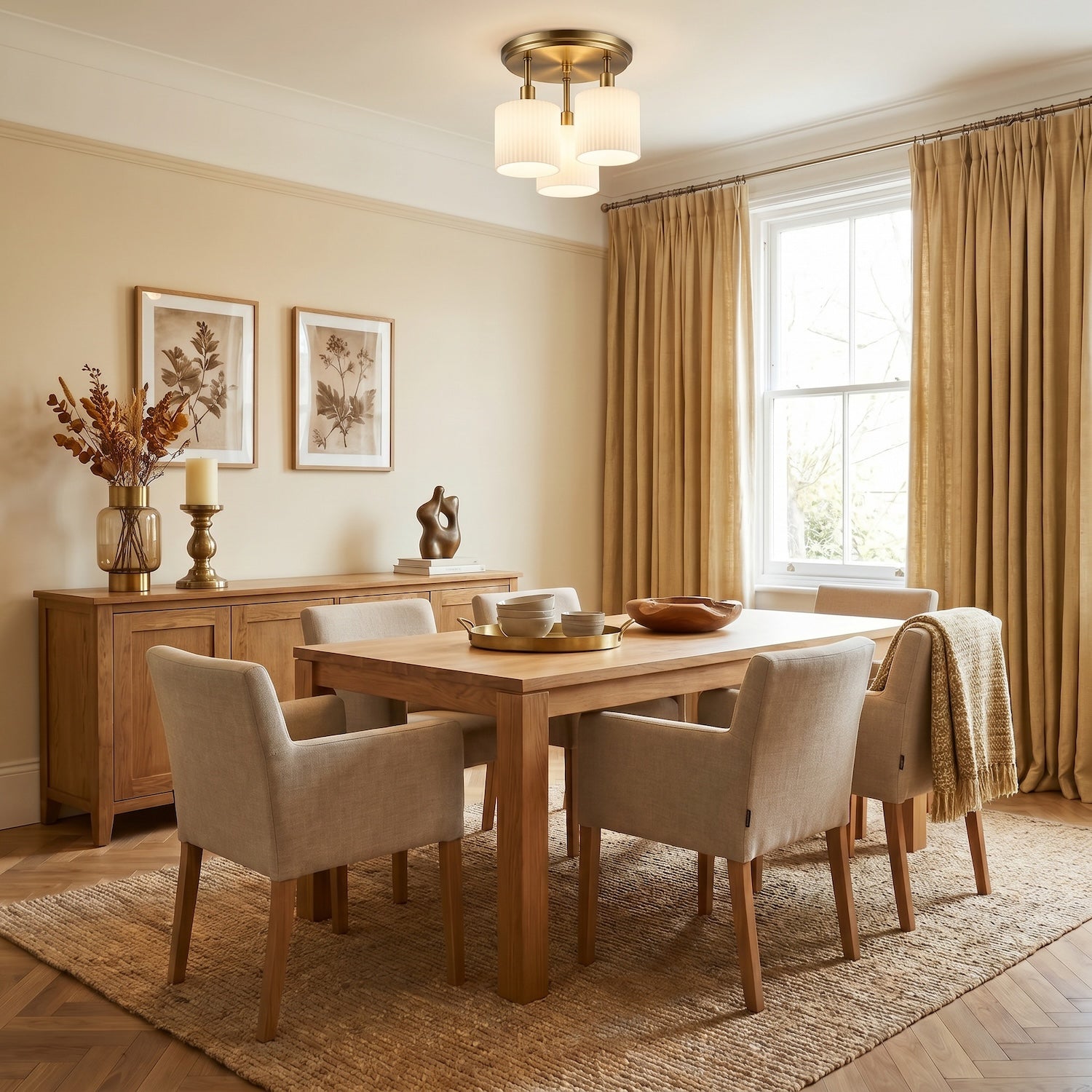 Designer Antique Brass Semi Flush Ceiling Light with Fluted Shades Image 6