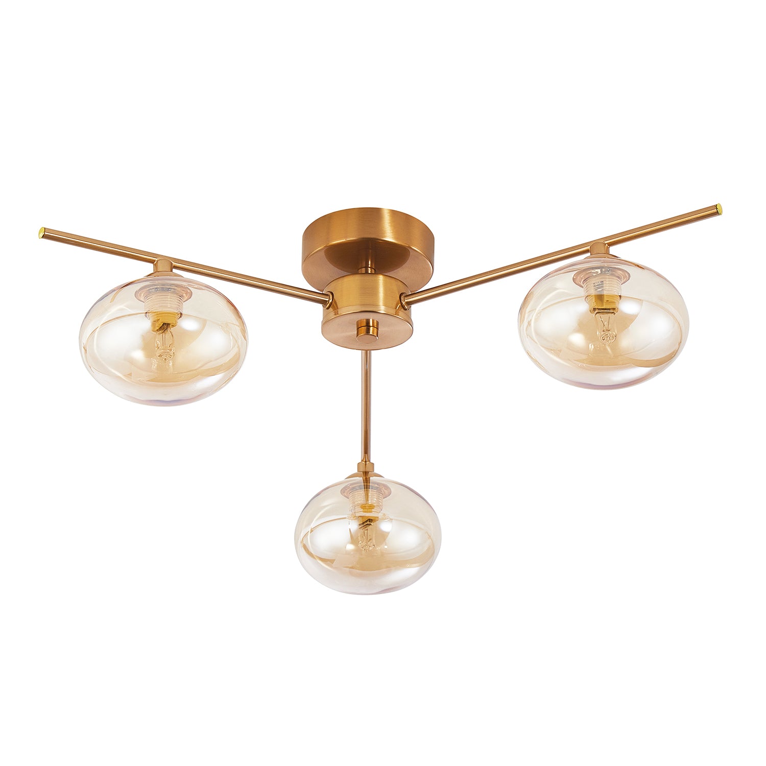 Modern Triple Branch Satin Brass Ceiling Light Fitting with Amber Glass Shades Image 2