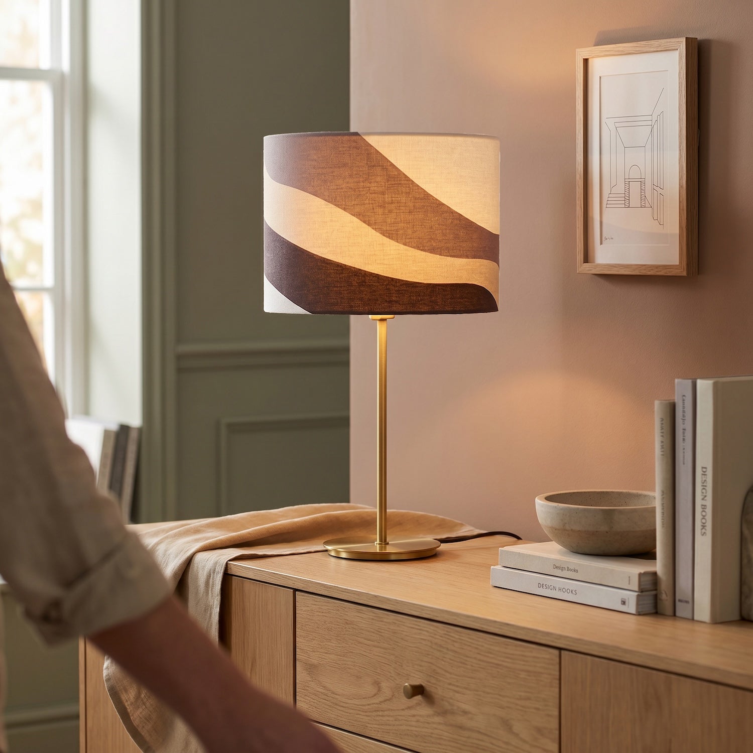 Taupe and Brown Linen Lamp Shade with Inner and Outer Wavy Design Image 6