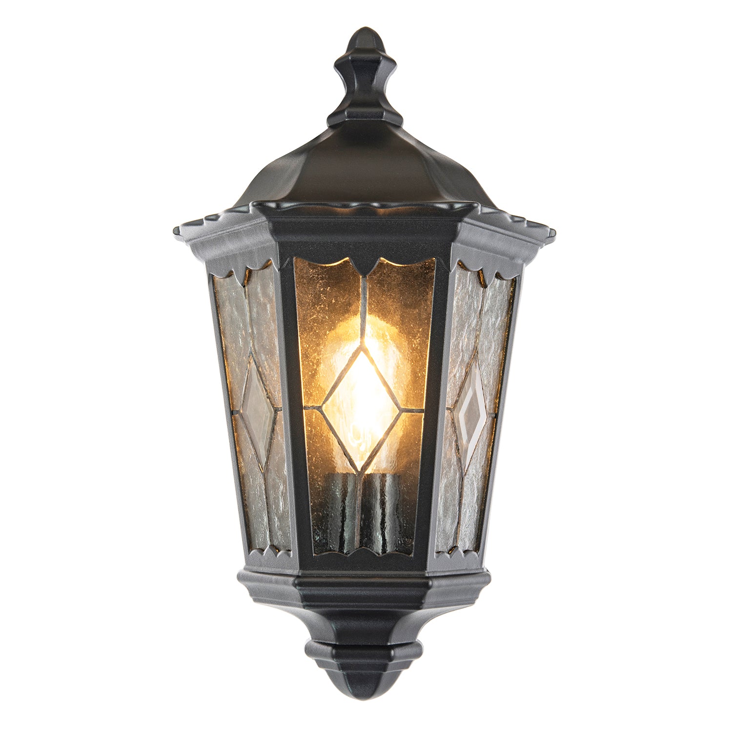 Traditional Black Half Lantern Outdoor Wall Lamp with Cathedral Textured Glass Image 2