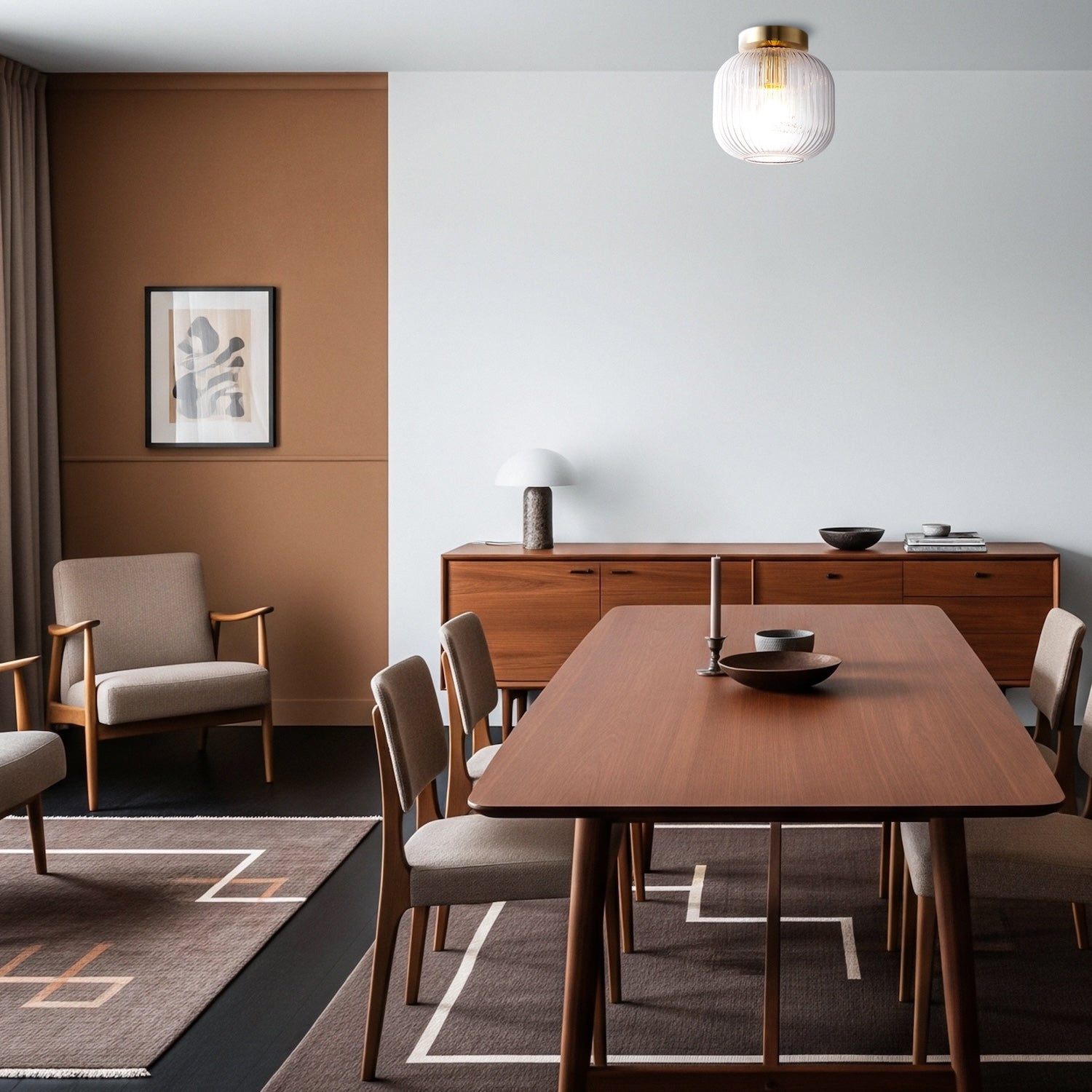 Contemporary Satin Gold Ceiling Light with Clear Ribbed Glass Shade Image 6