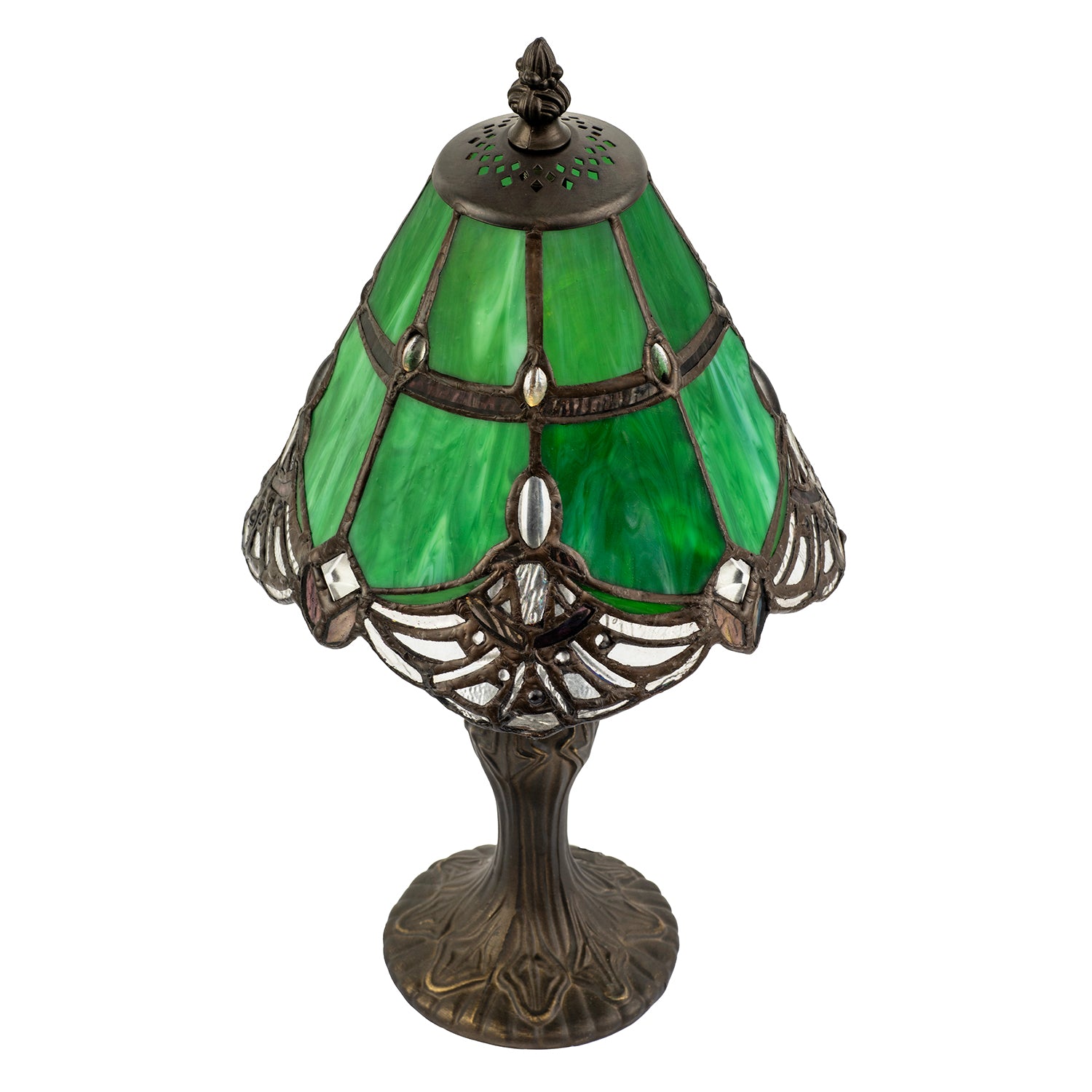 Quirky and Petite Green Stained Glass Tiffany Lamp with Clear Beads Image 3