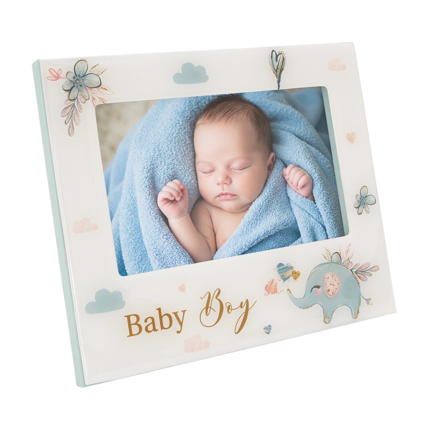 Baby Boy Baby Picture Frame with Duck Egg Blue Elephant and Hearts Image 2