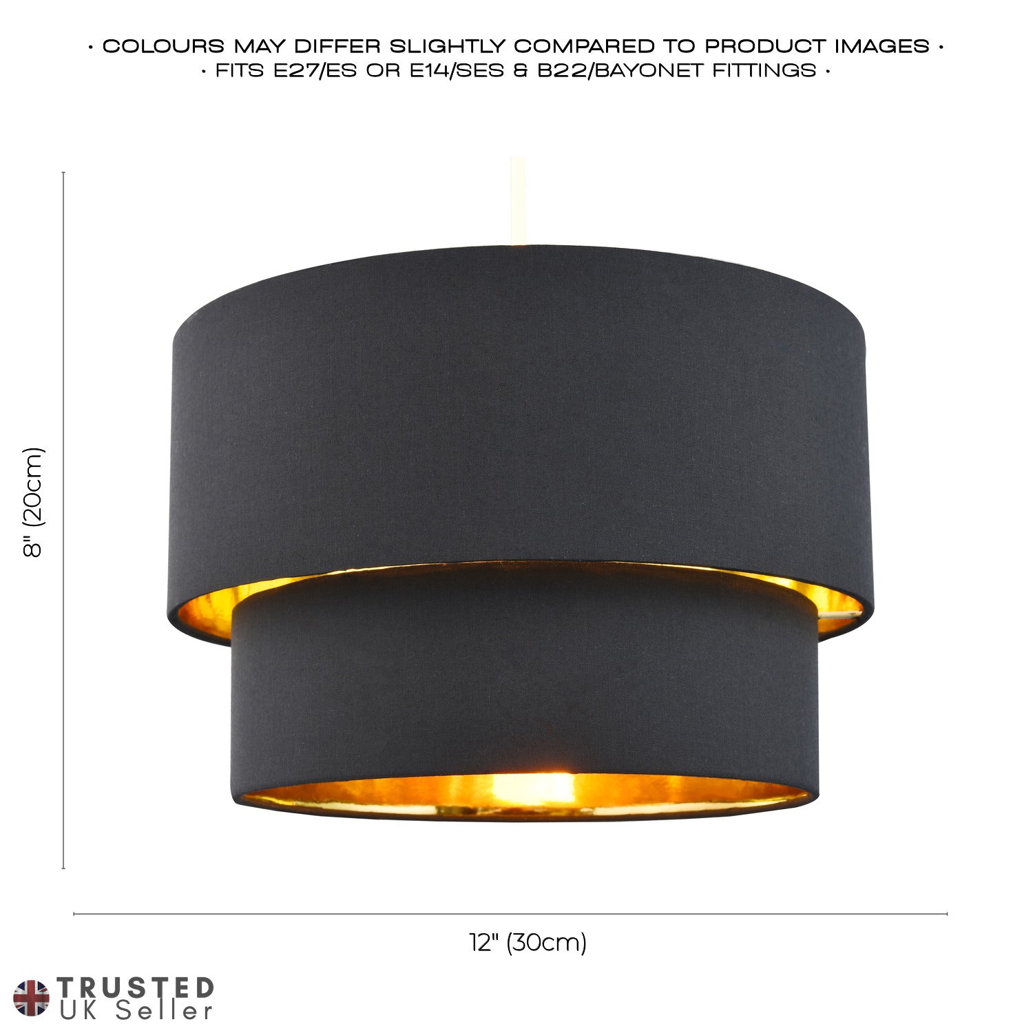 Modern Jet Black Cotton Double Tier Ceiling Shade with Shiny Golden Inner Image 5