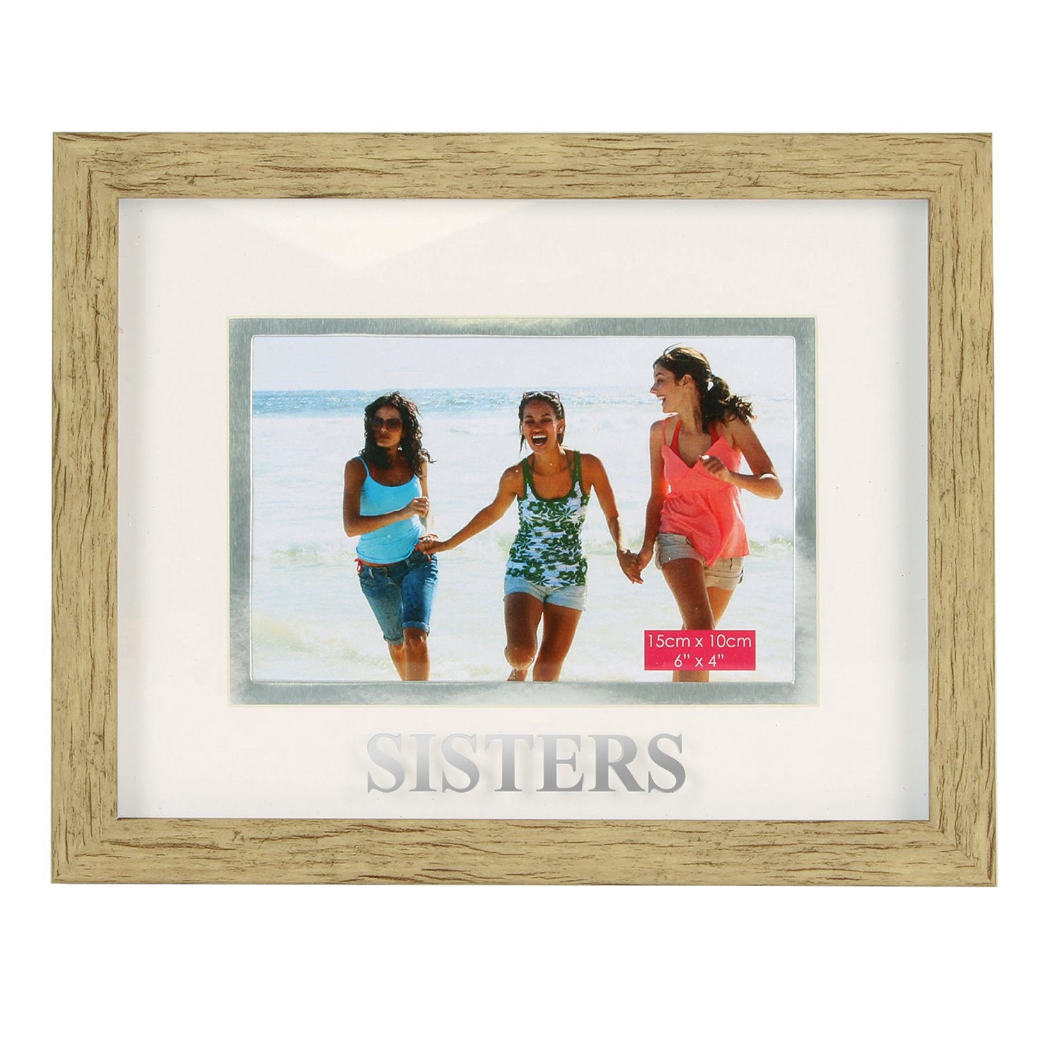 Beautiful Sisters 4x6 Picture Frame in Oak Wood Effect with Silver Foil Letters Image 1