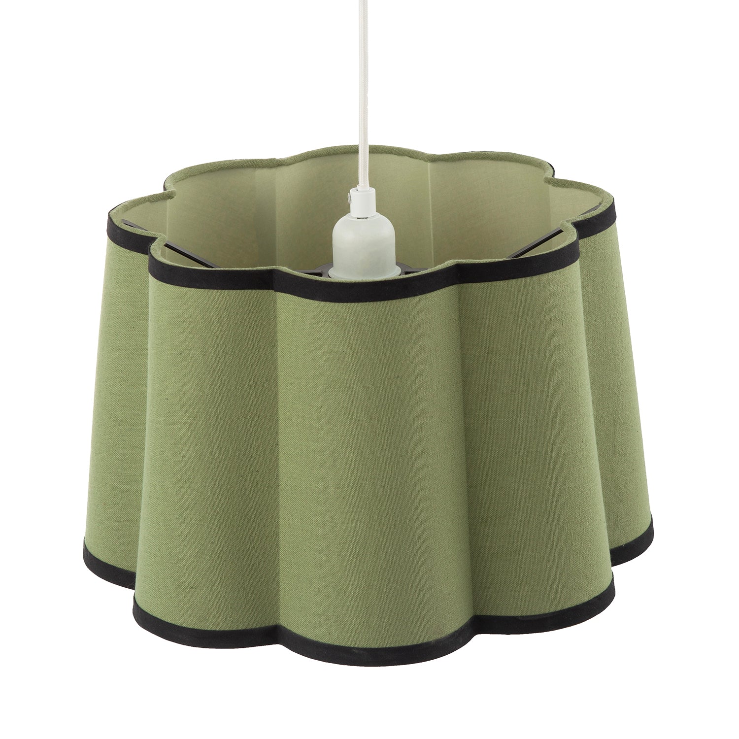 Olive Green Linen Scallop Drum Lamp Shade with Black Cotton Trims Image 4