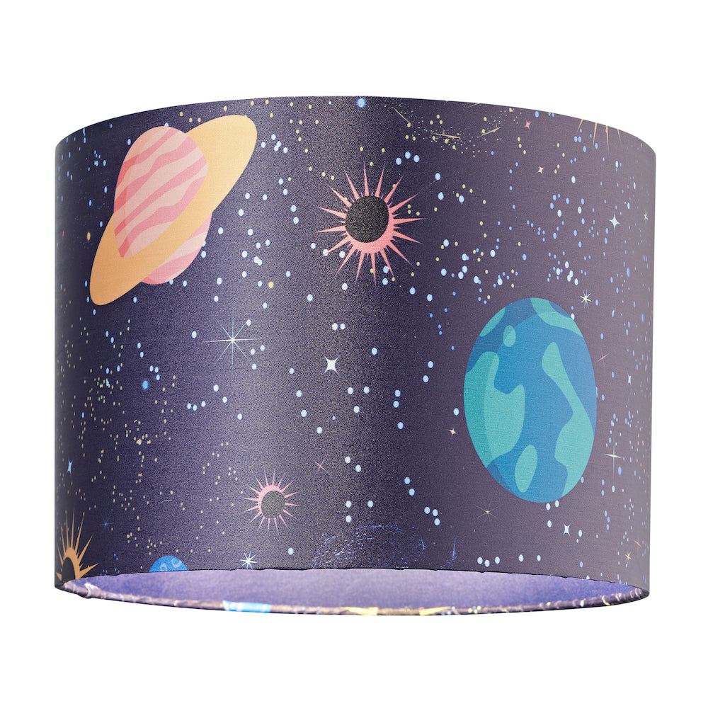 Colourful Universe Themed Lampshade in Navy Blue with Planets, Suns and Stars Image 2