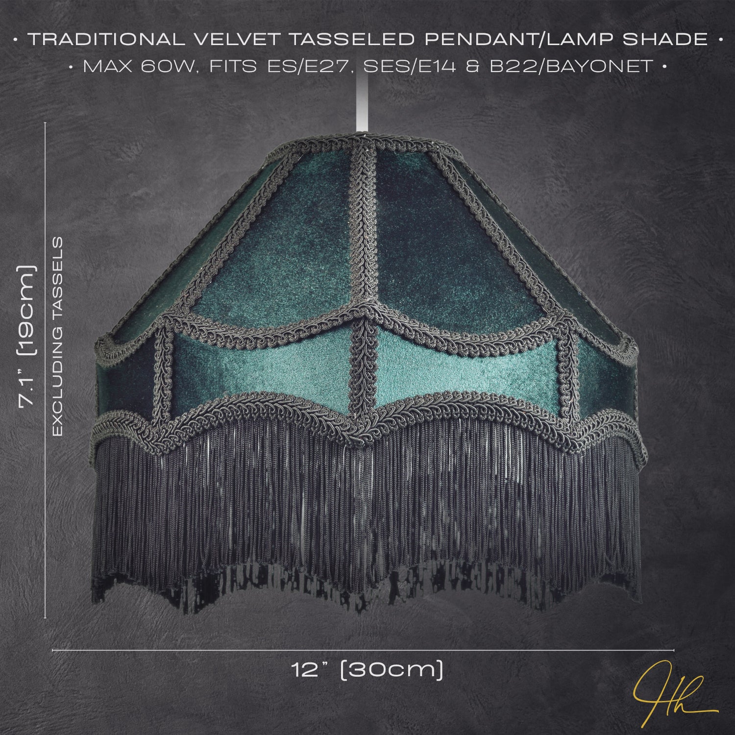 Traditional Victorian Empire Lampshade in Dark Emerald Velvet with Tassels Image 7