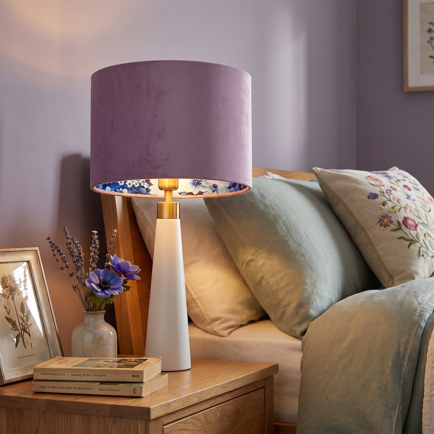 Soft Lilac Velvet Drum Lampshade with Inner Coloured Floral Lining Image 6
