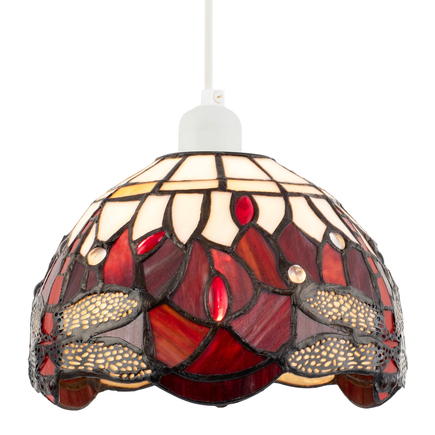 Deep Red and White Stained Glass Dragonfly Tiffany Pendant Shade Image 5
