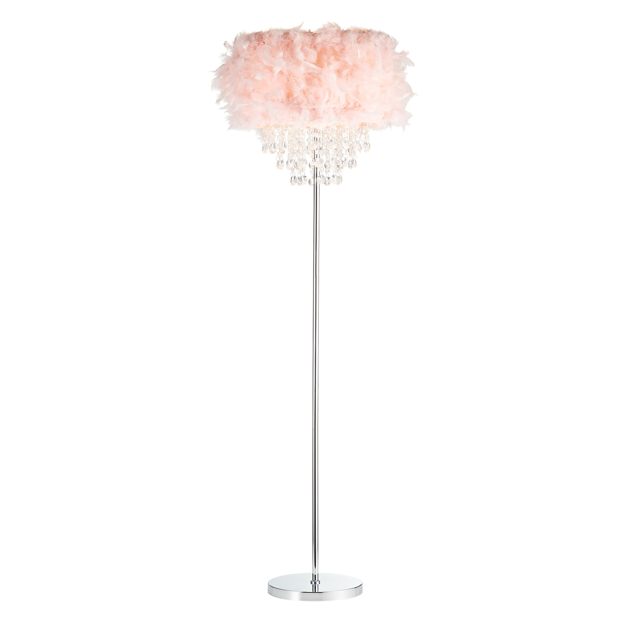 Modern Chandelier Style Pink Feather Floor Lamp with Waterfall Acrylic Droplets Image 2