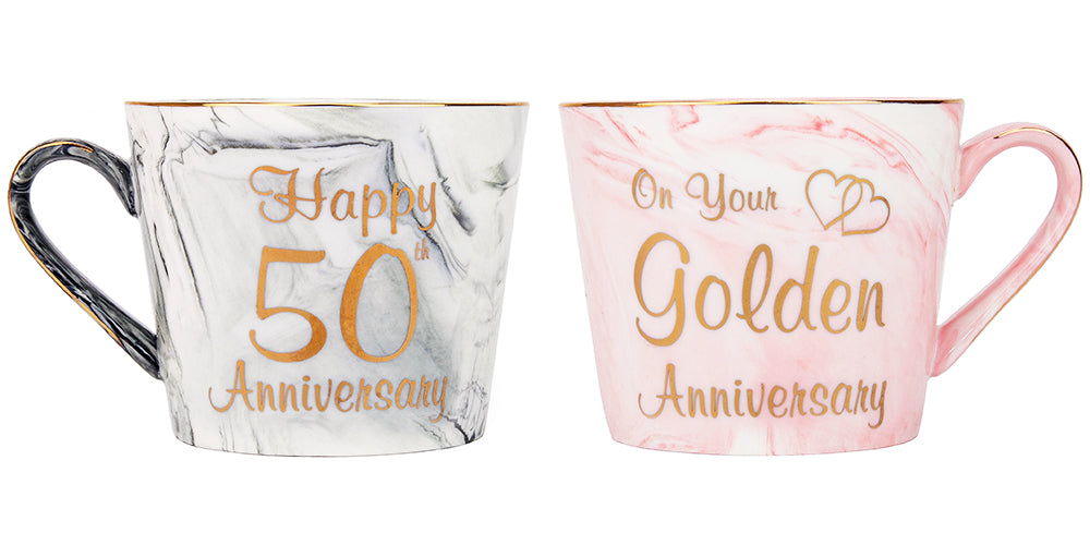 Beautiful 50th Anniversary Grey and Pink Marble Ceramic Mugs with Golden Trim Image 1