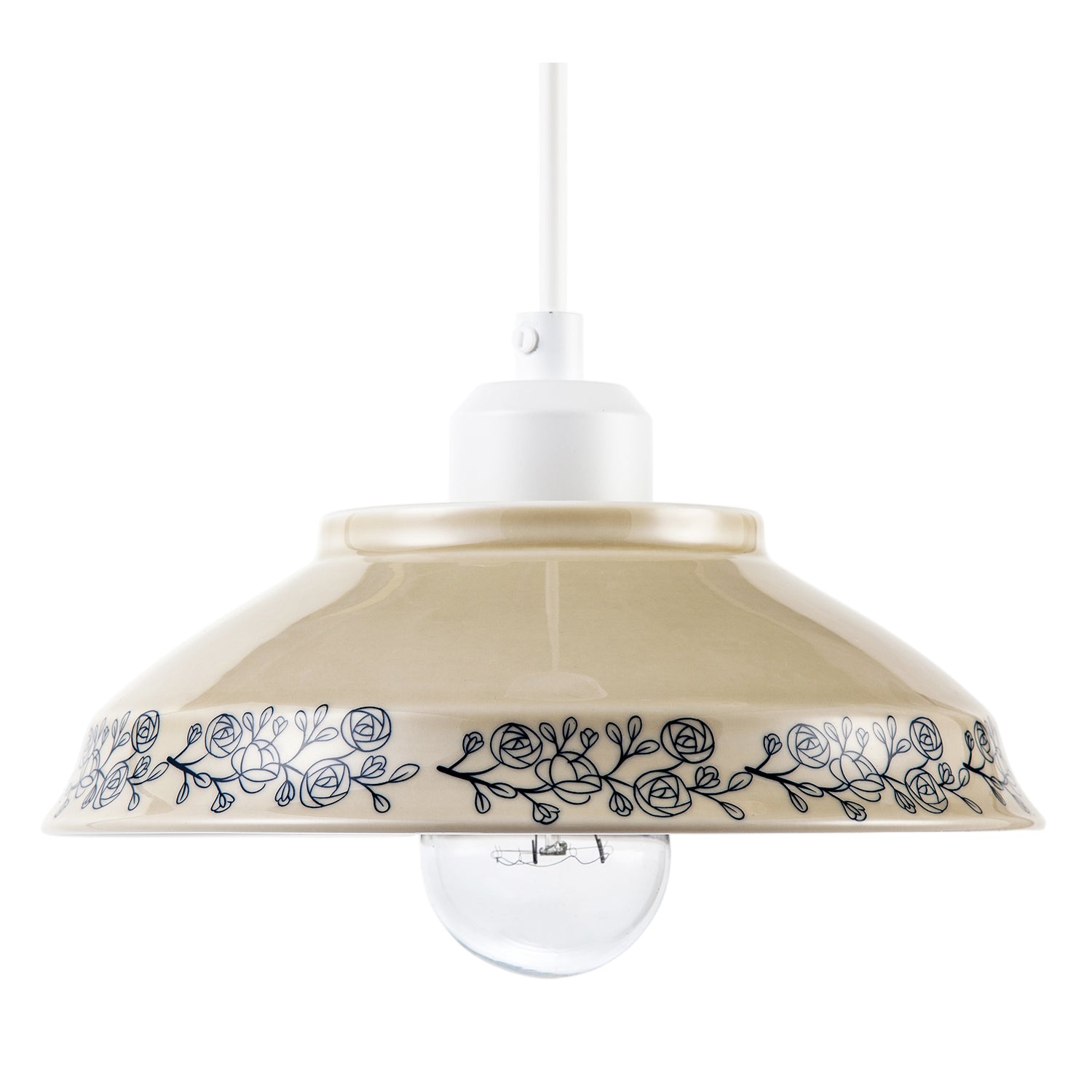 Cream Gloss Ceramic Pendant Light Shade with Navy Blue Floral Design Image 4