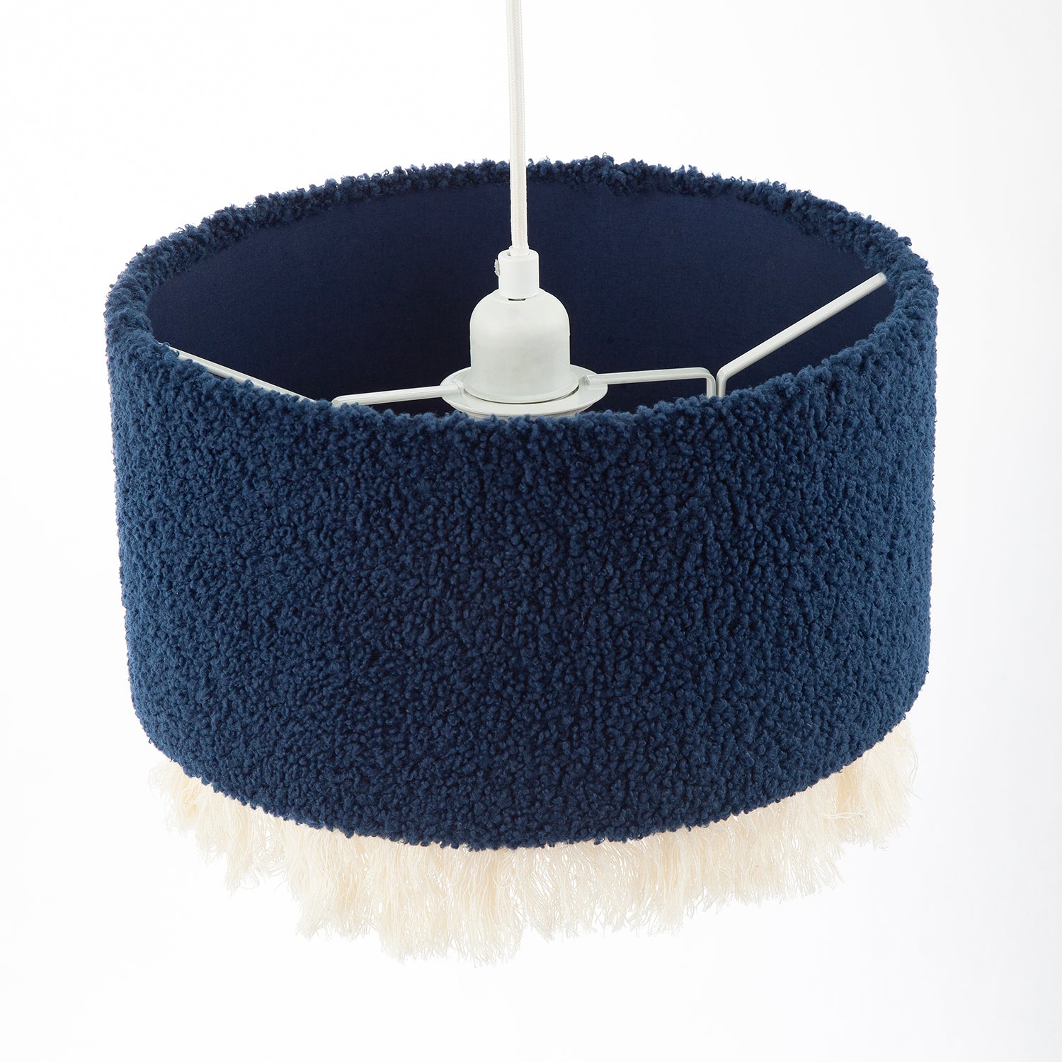 Midnight Blue Wool Lamp Shade with Ivory White Hanging Fabric Tassels Image 5