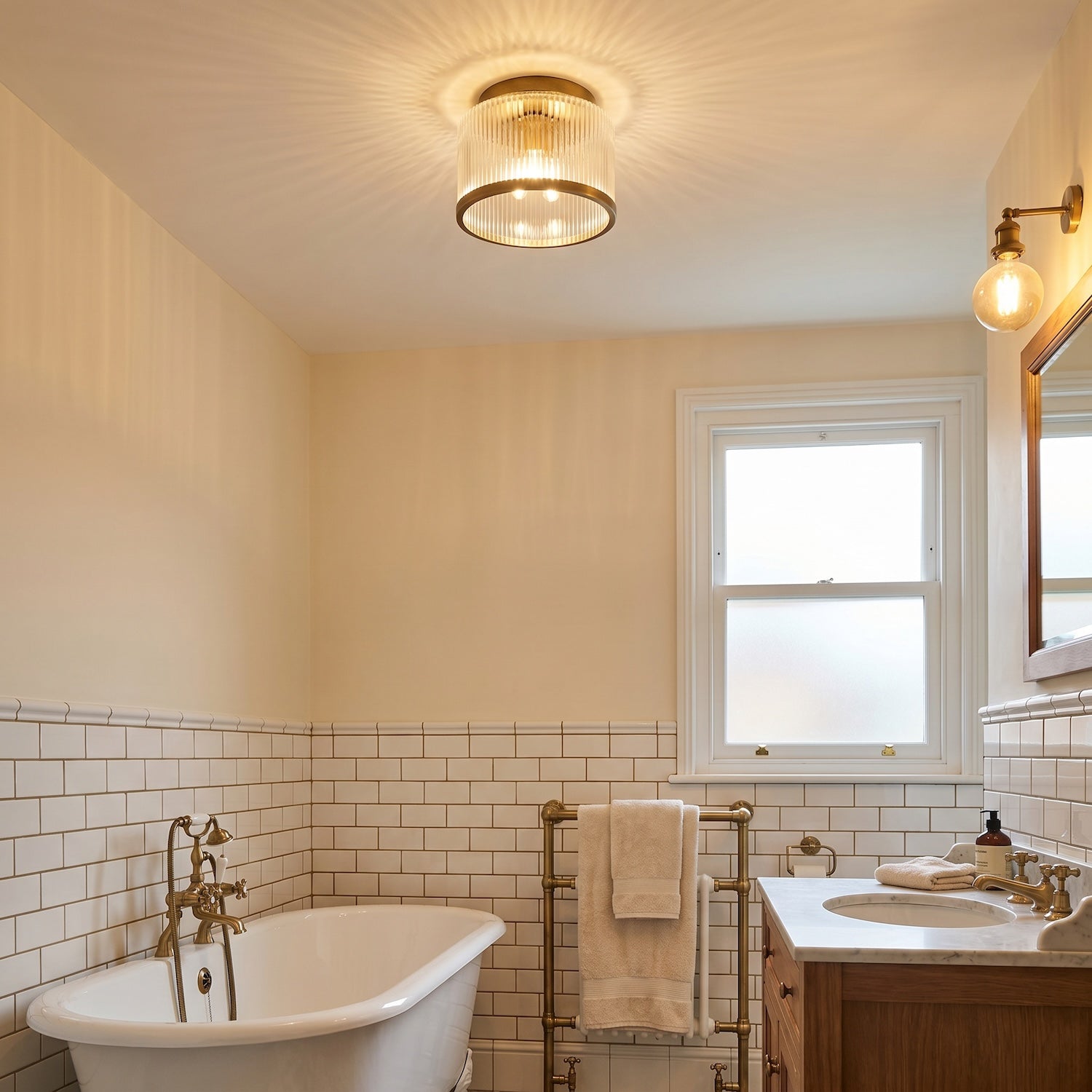 Antique Brass Bathroom Ceiling Light with Clear Ribbed Glass Shade Image 6