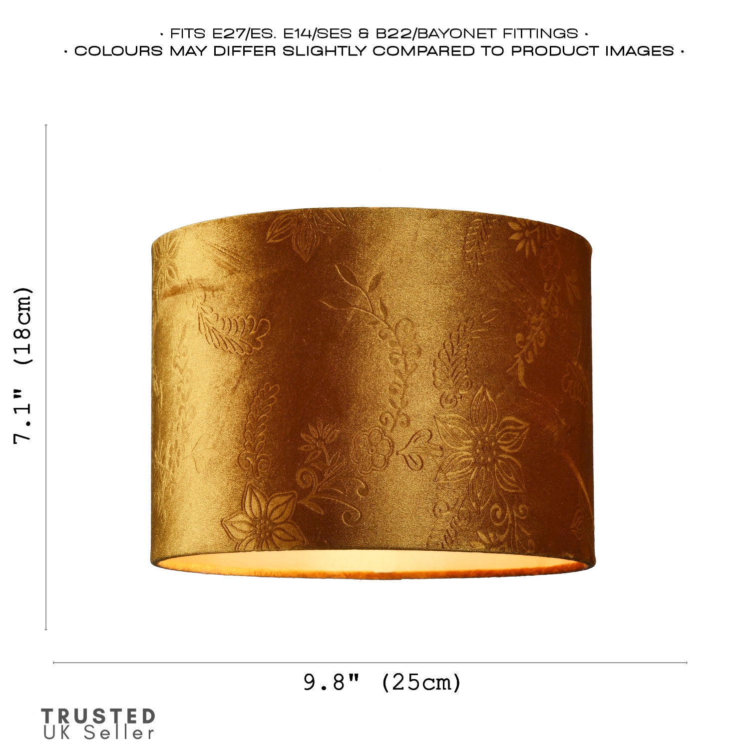 Mustard Shimmer Velvet 25cm Shade with Textured Floral Decor and Inner Lining Image 6