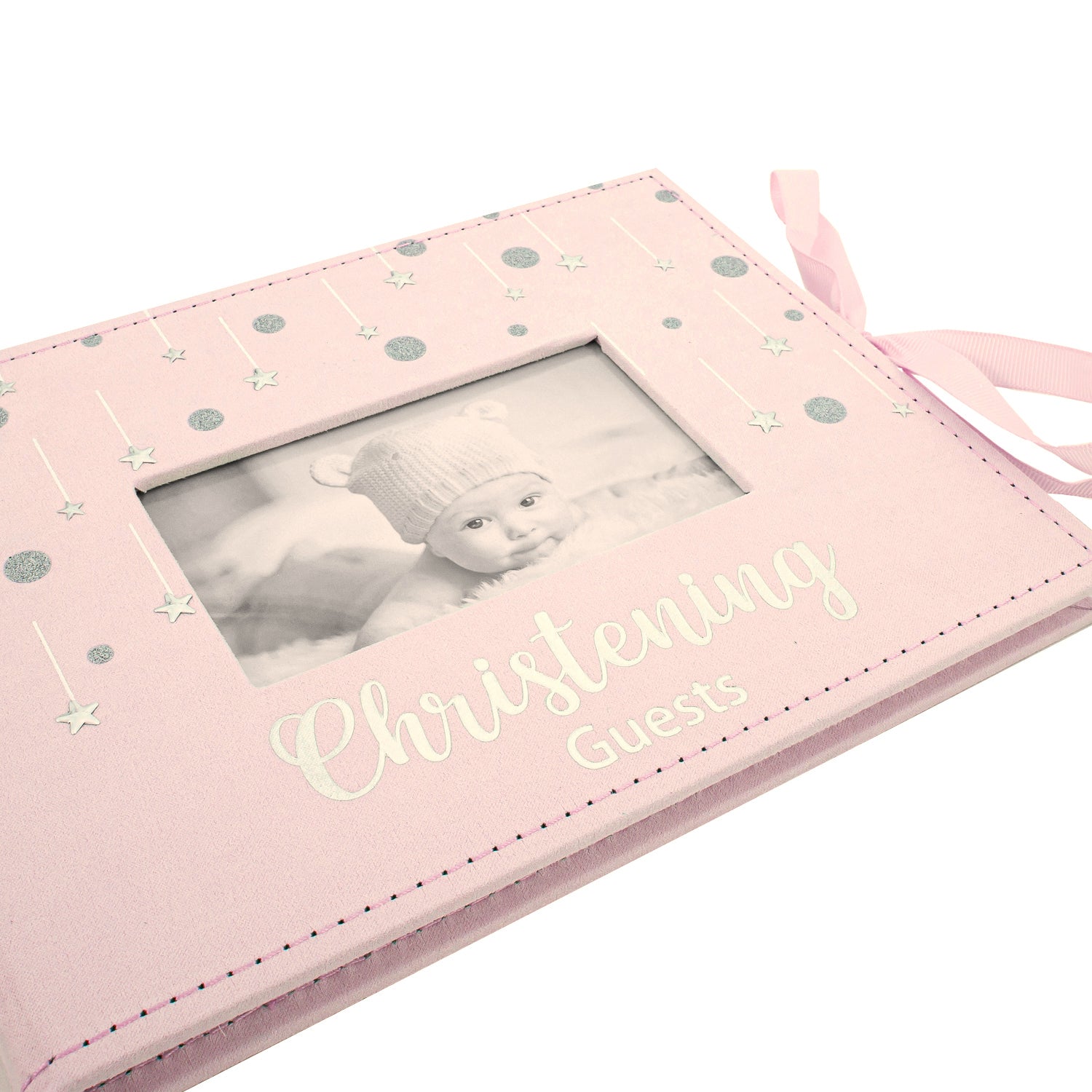 Soft Pastel Pink Suede Christening Guest Book with Silver Stars and Ribbon Image 2