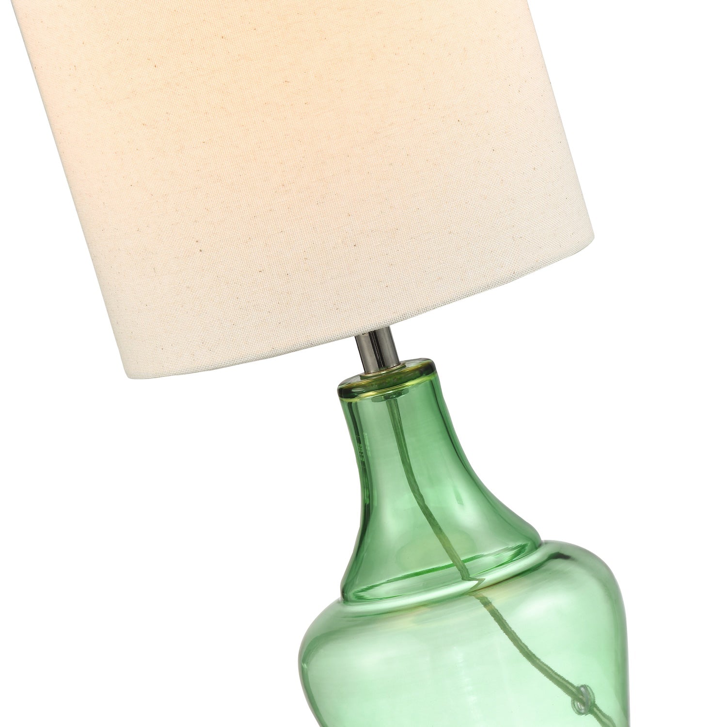 Modern Emerald Green Glass Lamp with Natural Linen Fabric Shade and Clear Cable Image 3