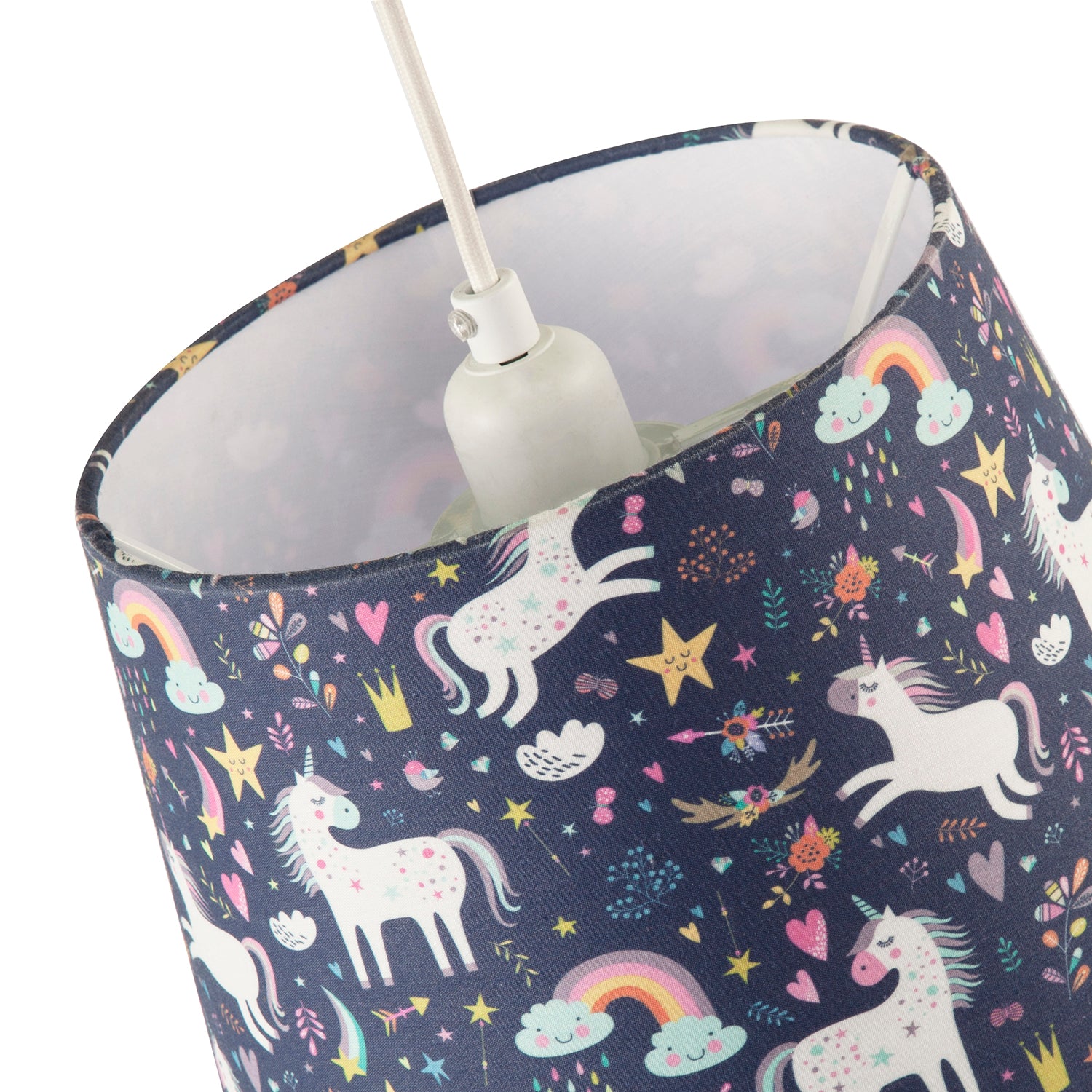 Unicorn Themed Childrens Lampshade with Rainbows and Colourful Flowers Image 3