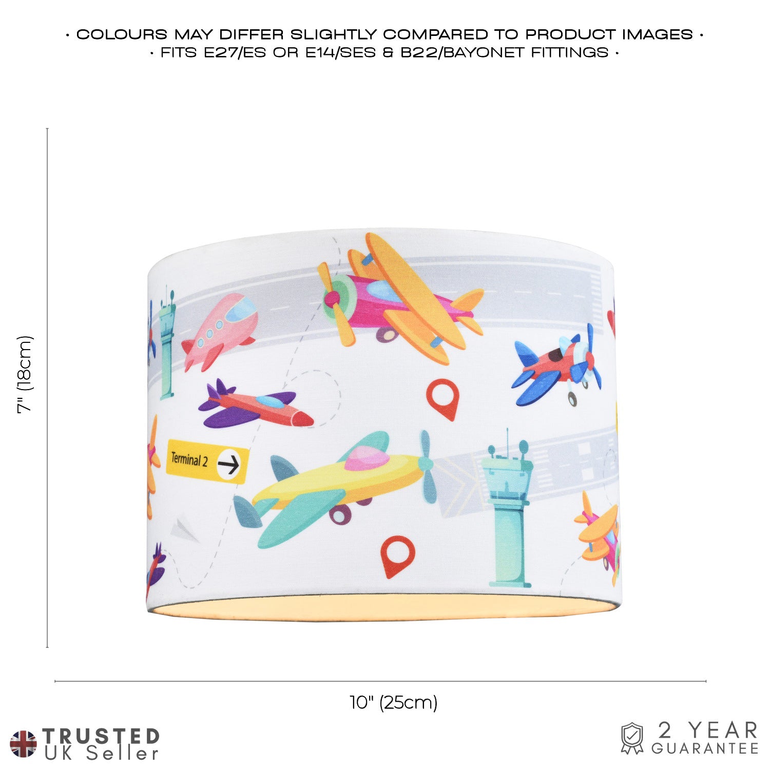 Modern and Colourful Aeroplanes Kids Cotton Fabric Drum Lamp Shade - 25cm Image 6