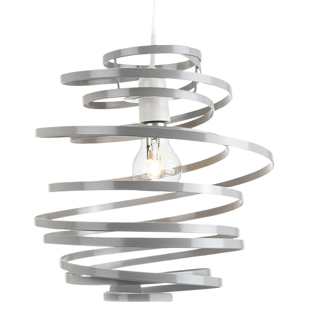 Contemporary Grey Gloss Metal Double Ribbon Spiral Swirl Ceiling Light Pendant Image 3