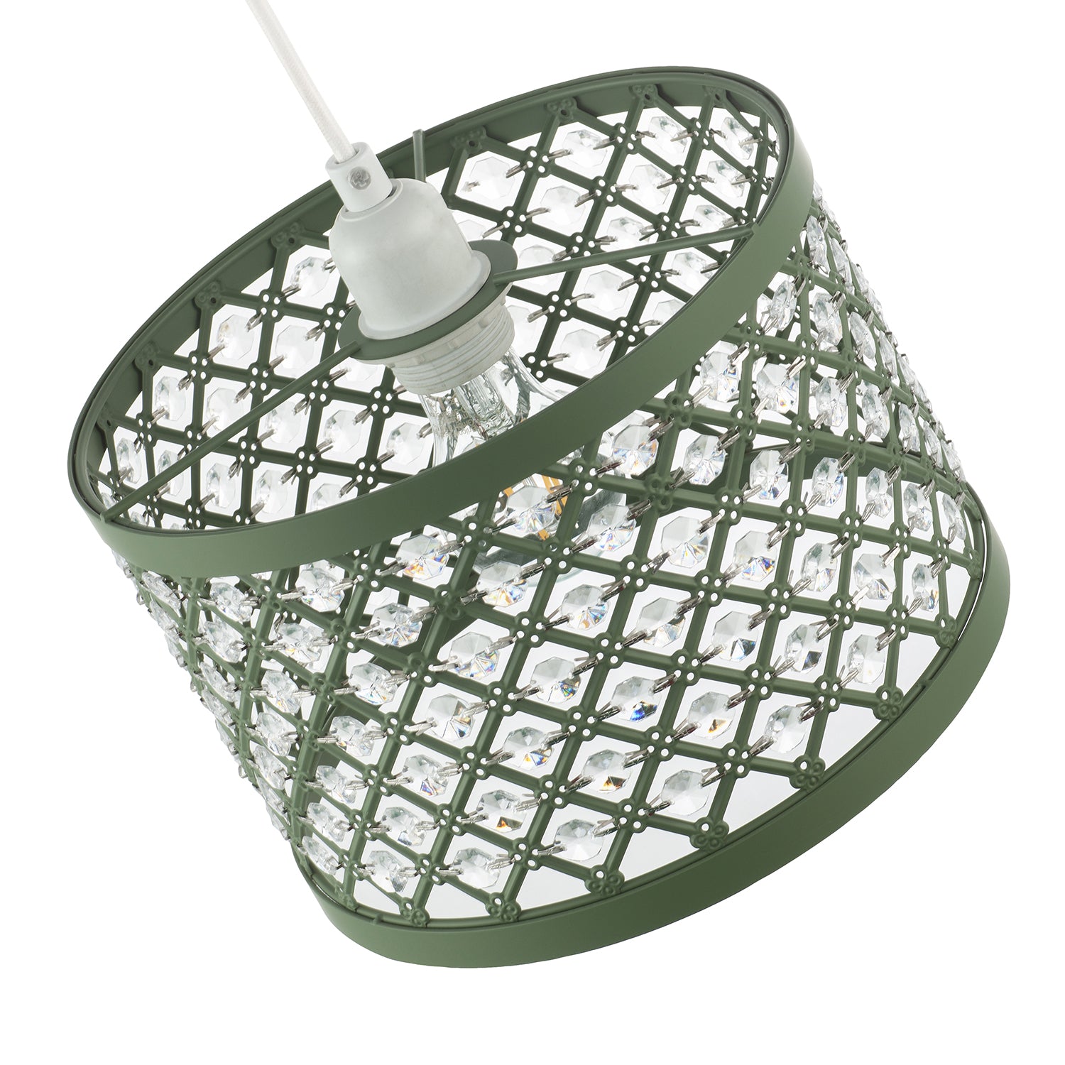 Modern Ornate Olive Green Metal Pendant Shade with Clear Acrylic Beads Image 3