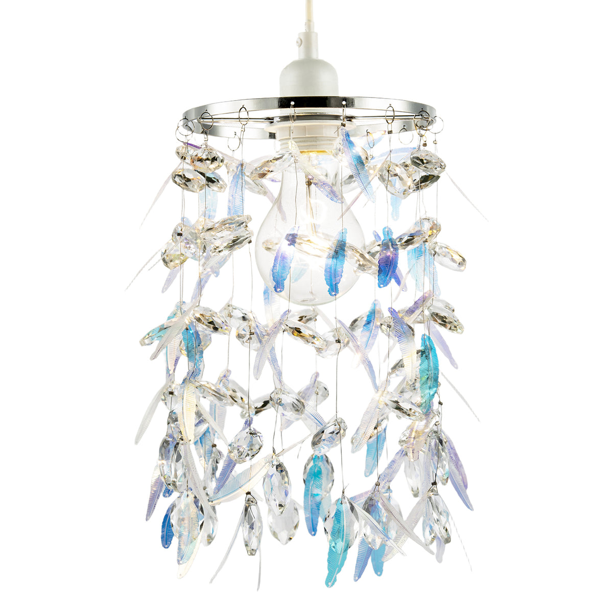 Modern Pendant Shade with Faceted Glass Droplets and Dichroic Feathers Image 2