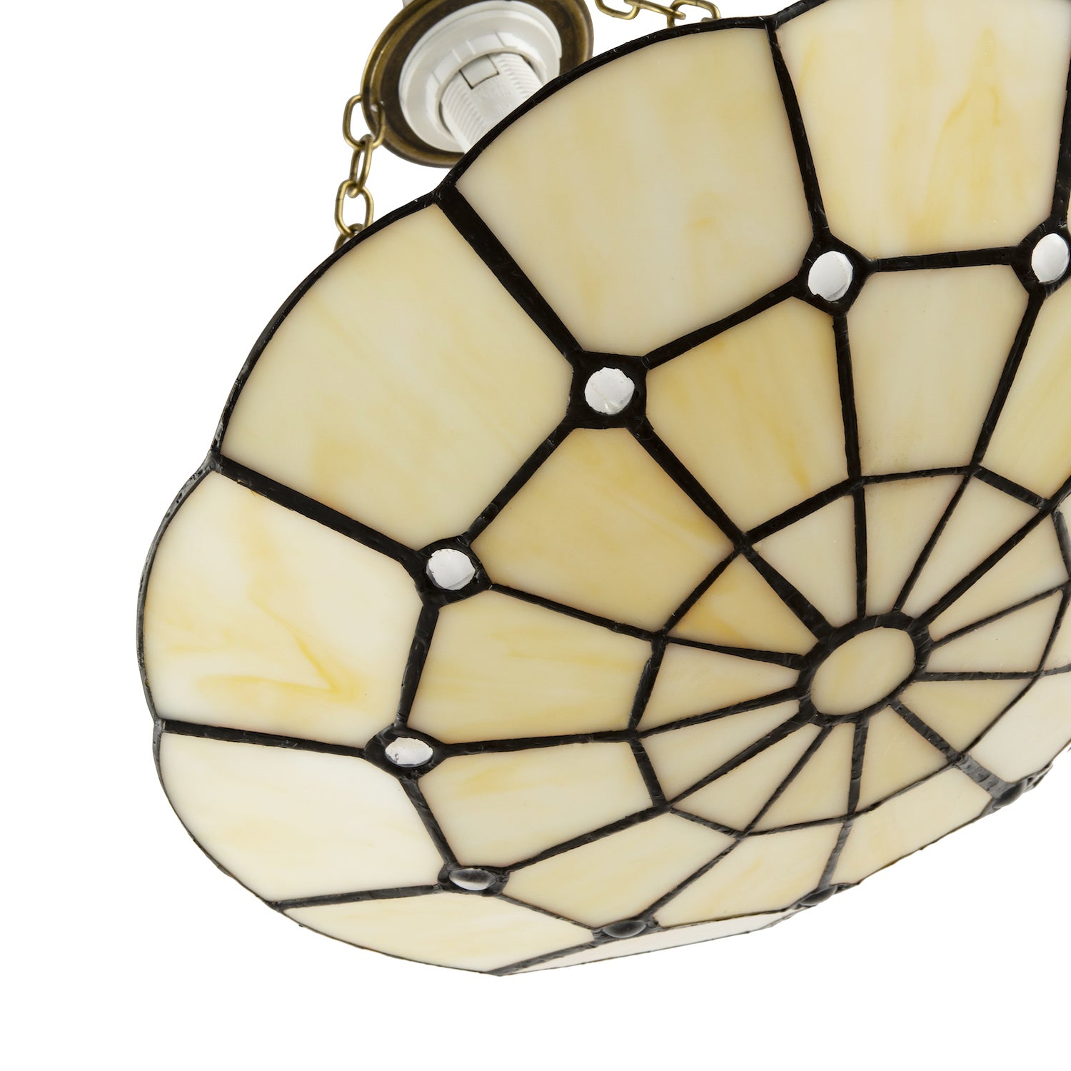 Traditional Circular Amber Stained Glass Tiffany Pendant Shade with Clear Beads Image 3