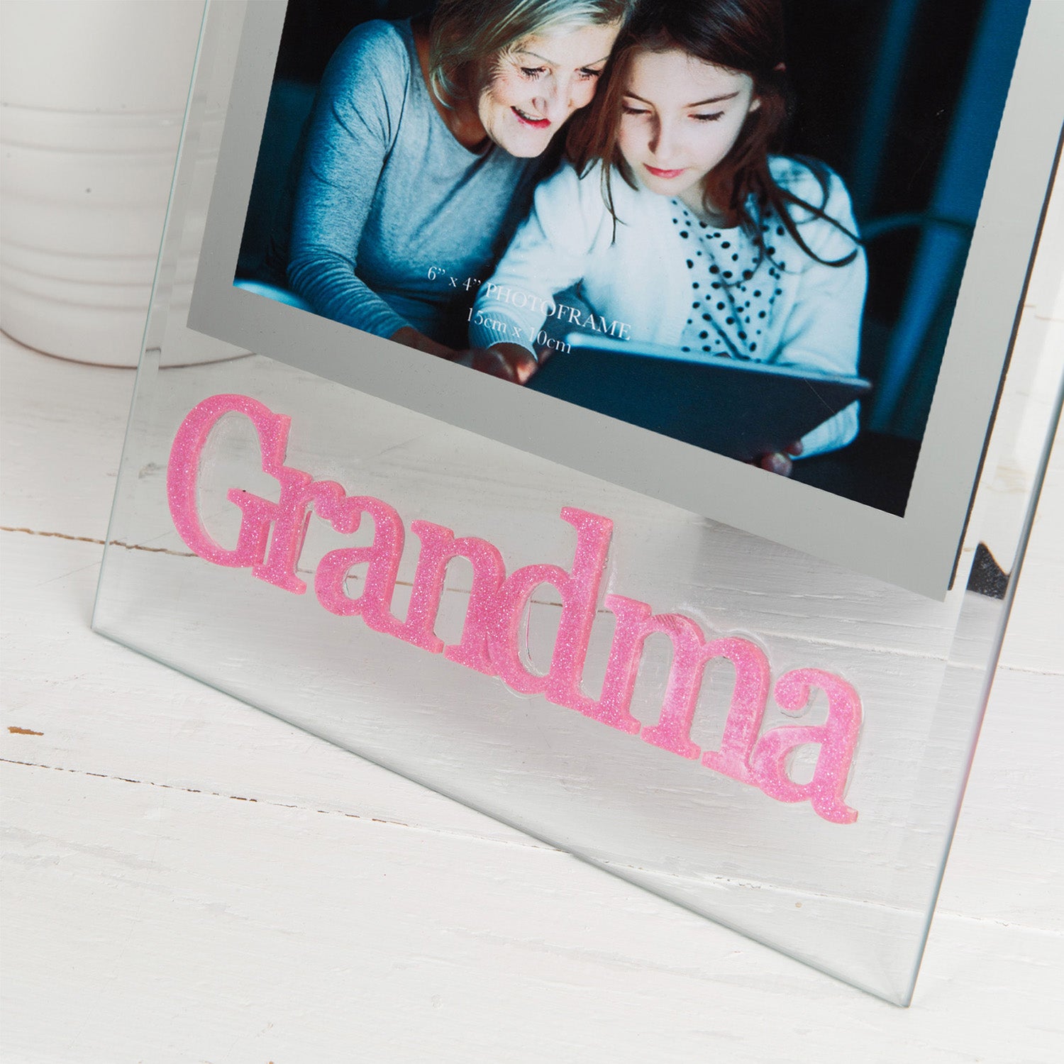 Pink Glitter Grandma Picture Frame in Transparent Glass with Bevelled Sides Image 4