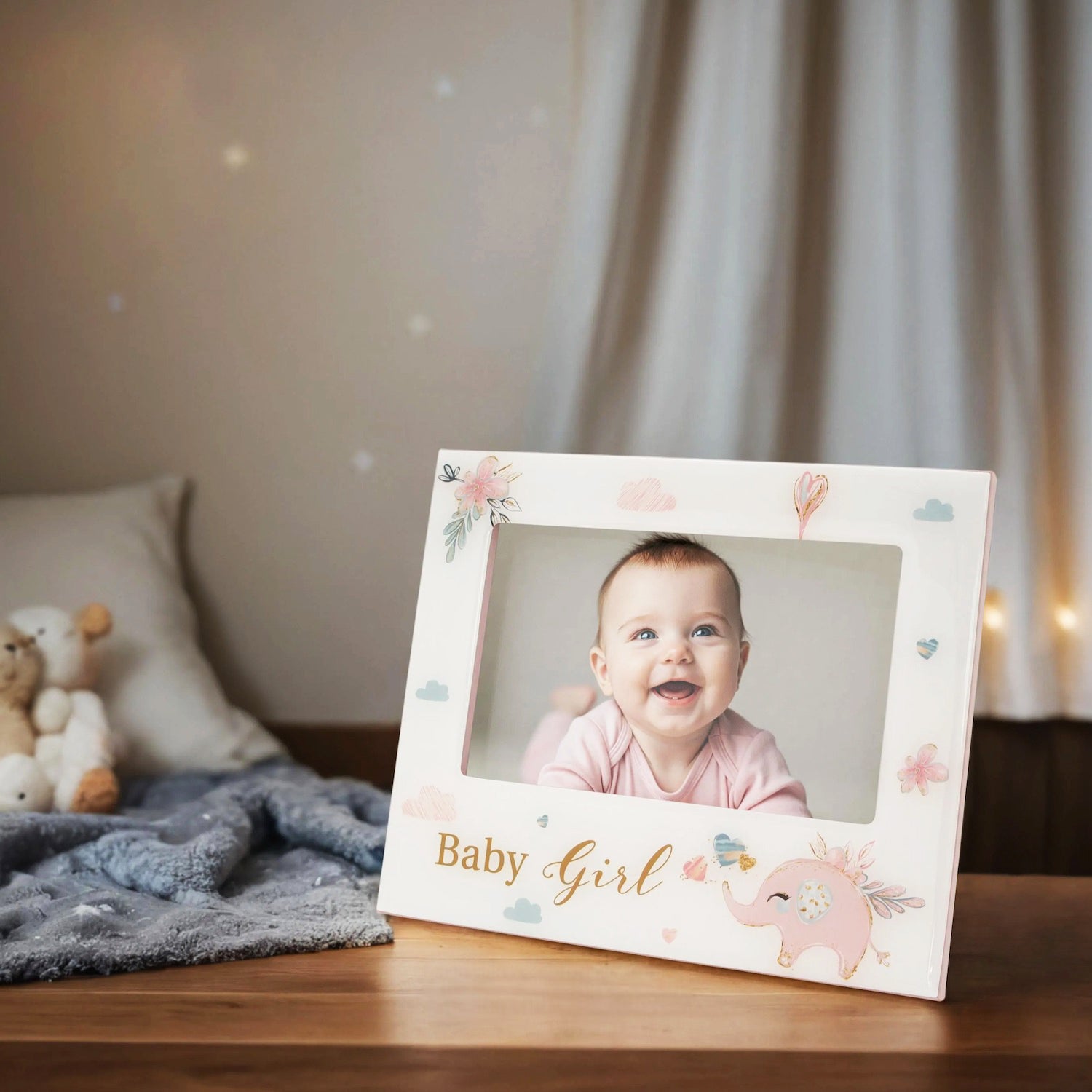Baby Girl Baby Picture Frame with Soft Pastel Pink Elephant and Hearts Image 5