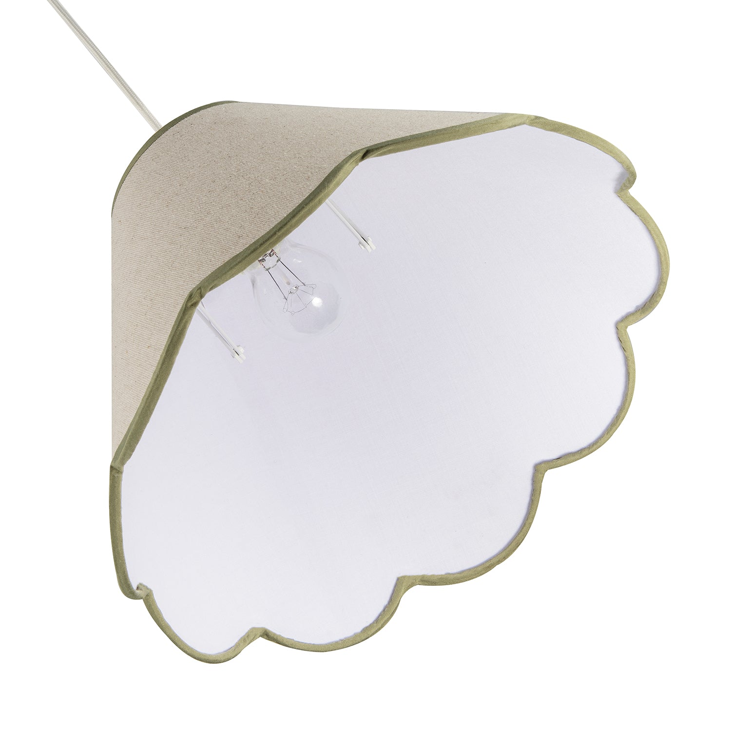 Scallop Edge Natural Textured Linen Coolie Lamp Shade with Olive Trims Image 4