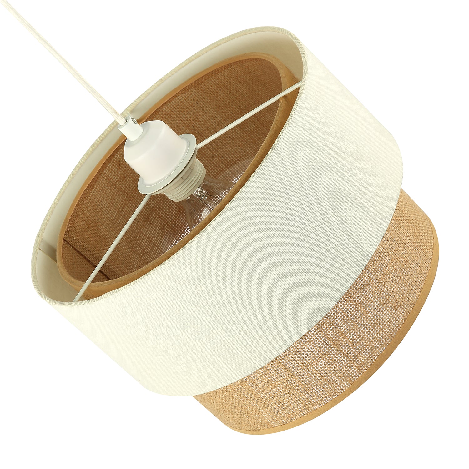 Modern Designer Two Tier Cream Linen and Natural Rattan Pendant Shade Image 5