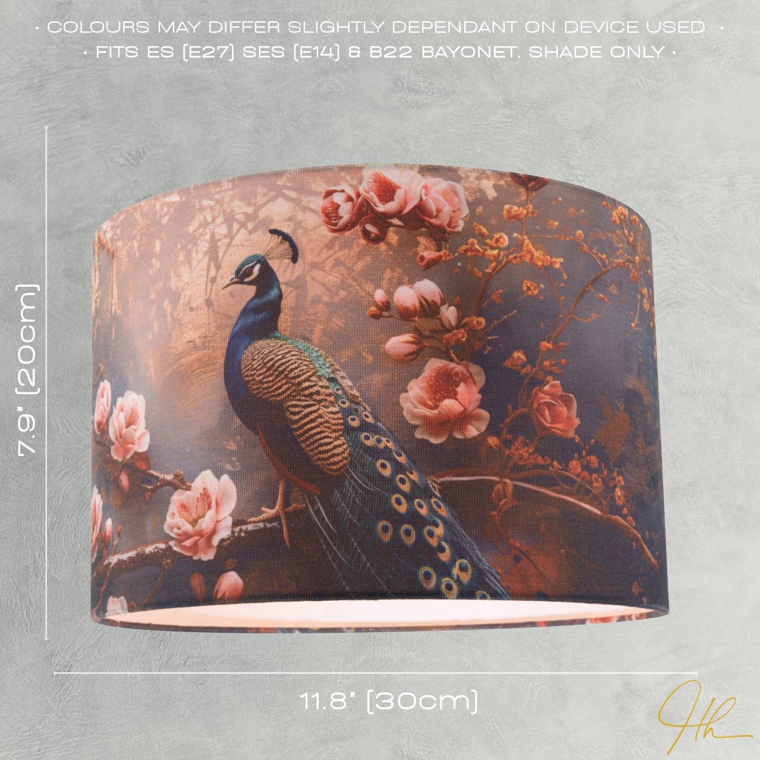 Dark and Moody Peacock Design Linen Fabric Lamp Shade with Pink Roses Image 7