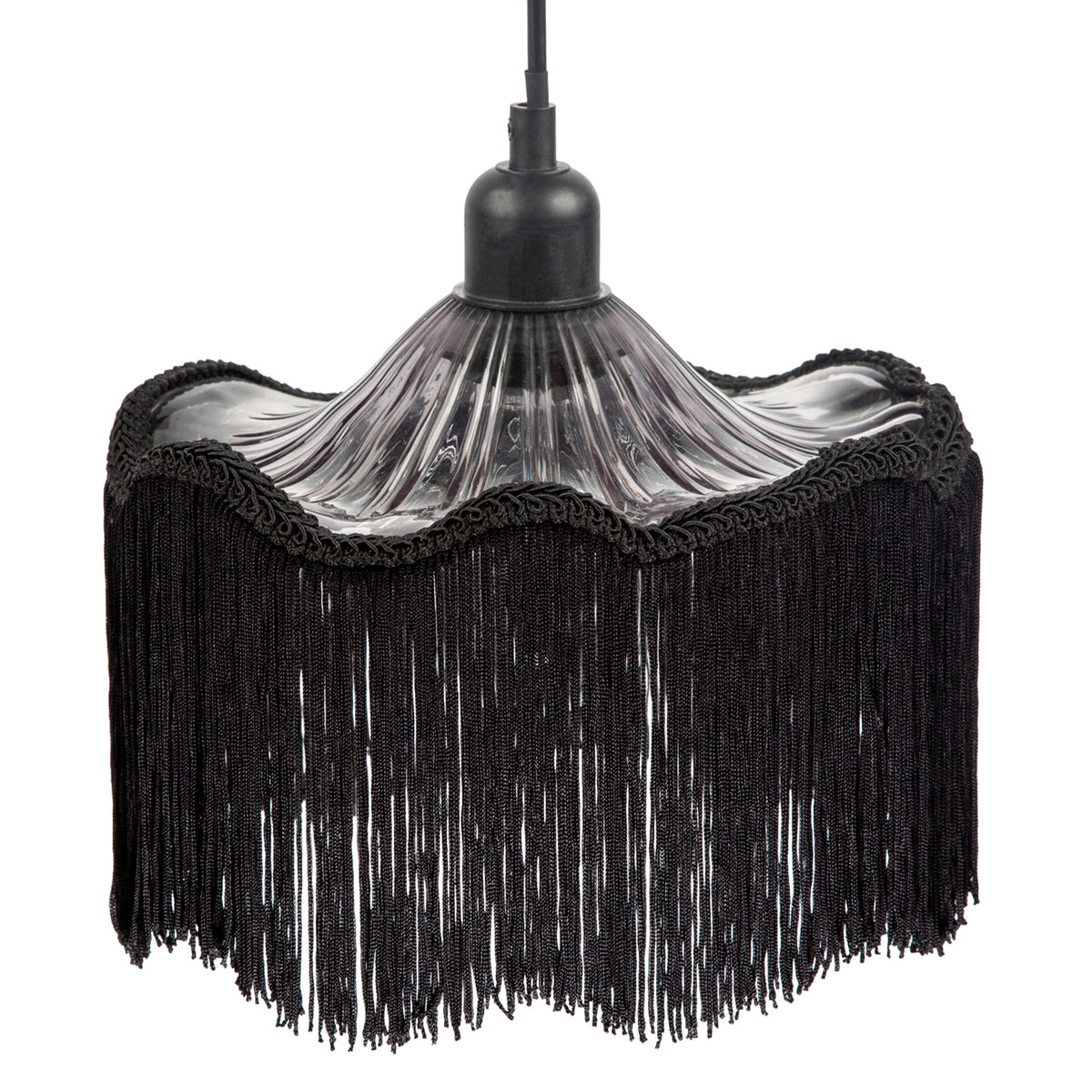 Striking Black Fringed Smoked Glass Pendant Shade with Long Tassels Image 1