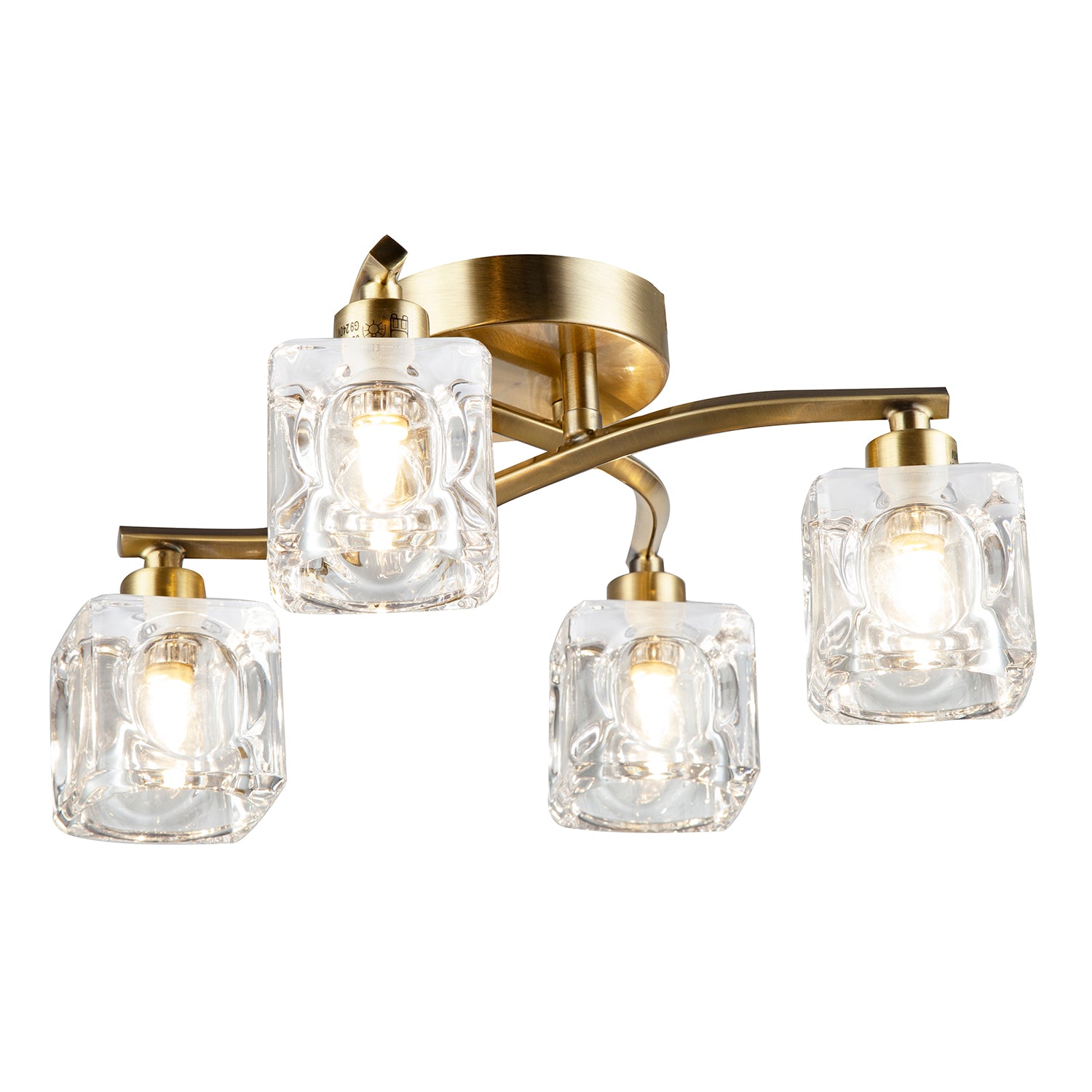 Modern Antique Brass 4-Bulb Ceiling Light with Square Clear Ice Cube Shades Image 5