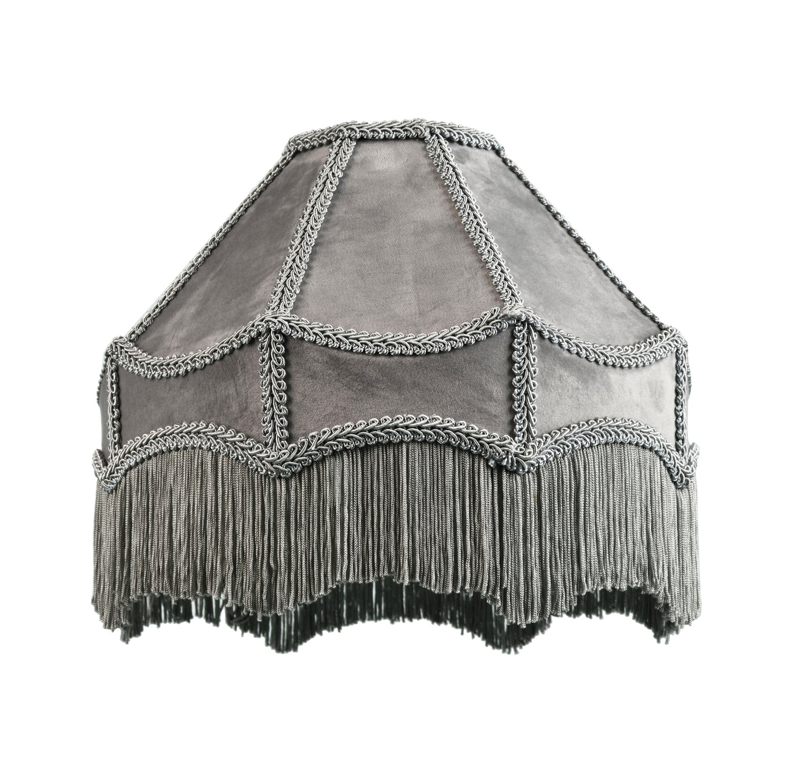 Traditional Victorian Empire Lampshade in Soft Dove Grey Velvet with Tassels Image 1