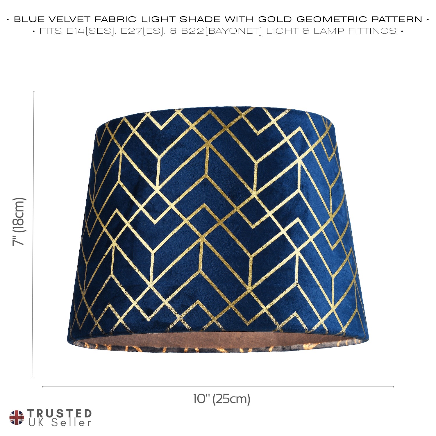 Navy Blue Velvet Lamp Shade with Geometric Design in Metallic Gold Foil Lines Image 7