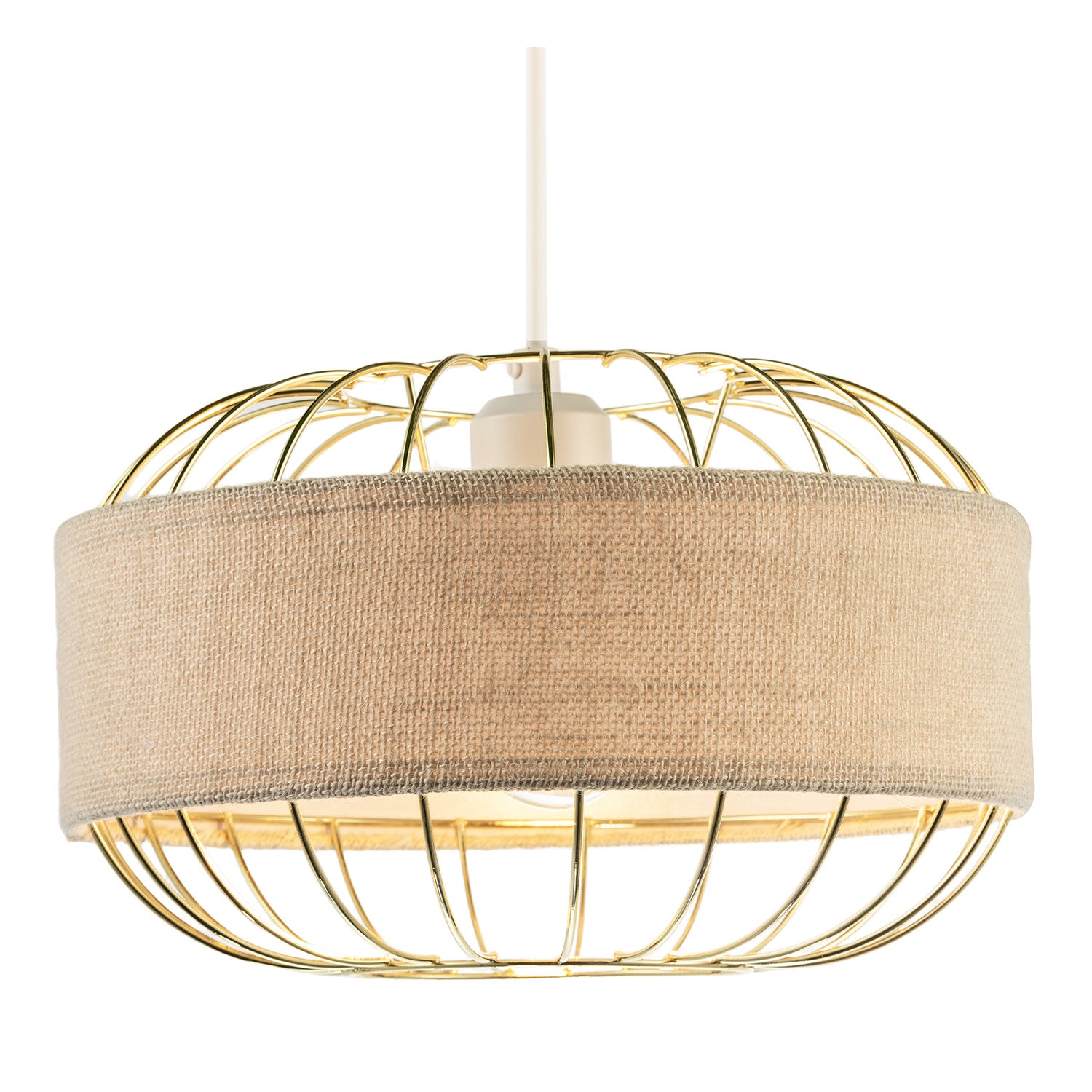 Unique Pendant Shade with Gold Metal Wire Frame and Linen Fabric Band Image 2