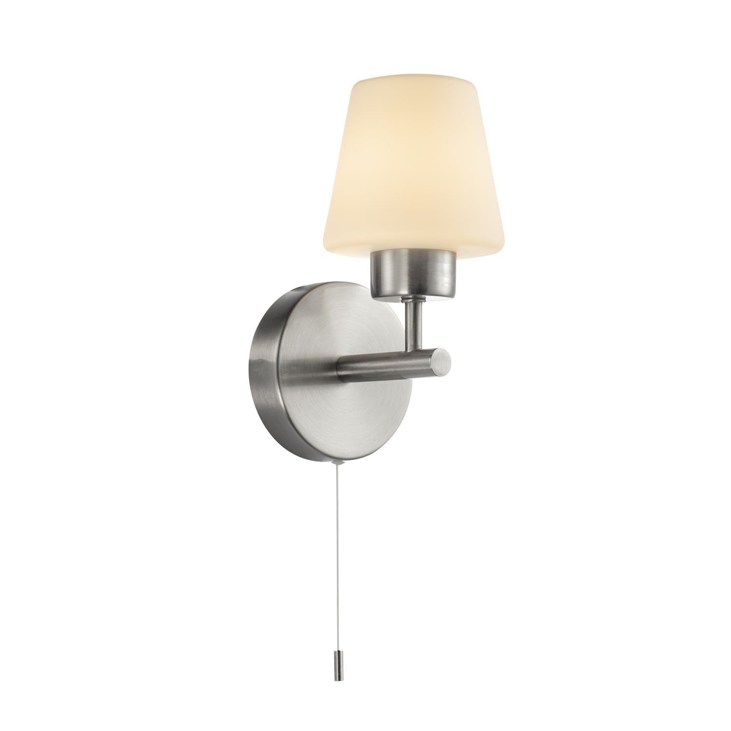 Modern Satin Nickel and Opal Glass IP44 Rated Bathroom Wall Lighting Fixture Image 1