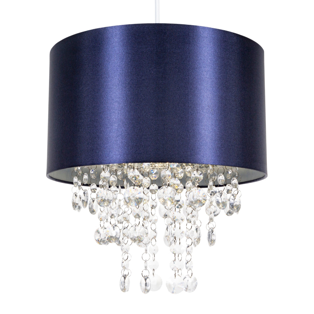 Modern Navy Satin Fabric Pendant Light Shade with Transparent Acrylic Droplets Image 2