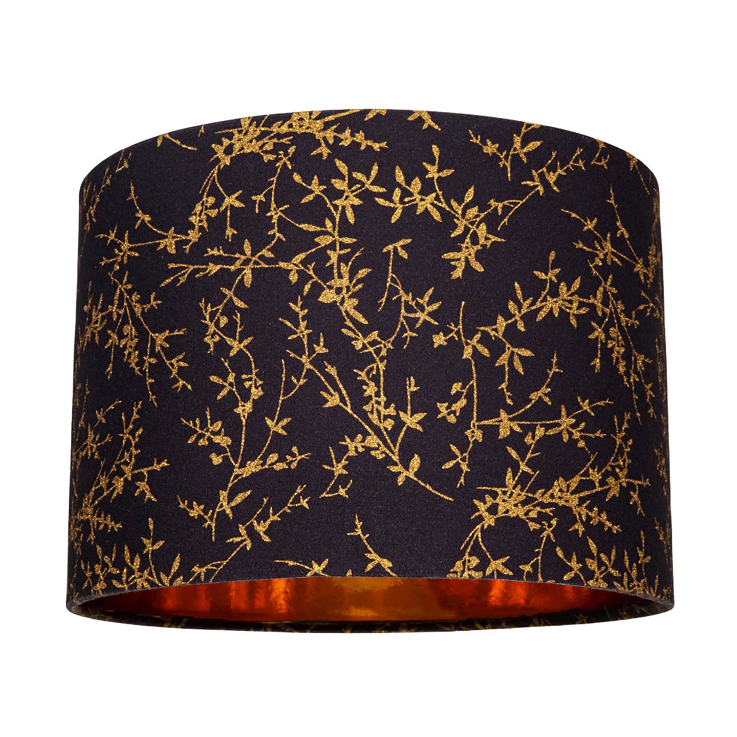 Modern Black Cotton Fabric 12" Lamp Shade with Gold Foil Floral Decoration Image 1