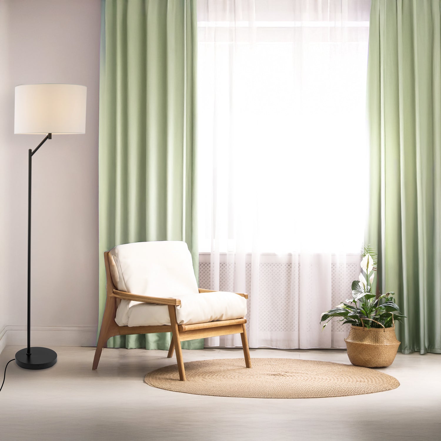 Designer Matte Black Floor Lamp with Rocker Switch and Ivory White Fabric Shade Image 7