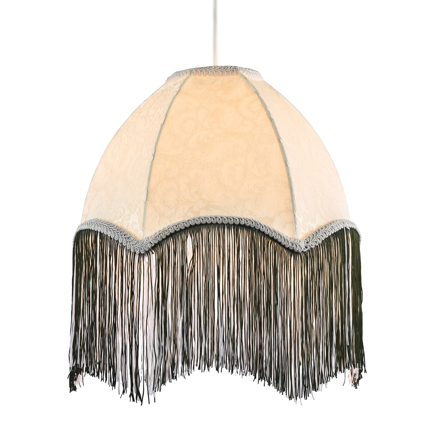 Cream Floral Victorian Velvet Shade with Dark Green and White Tassels Image 2