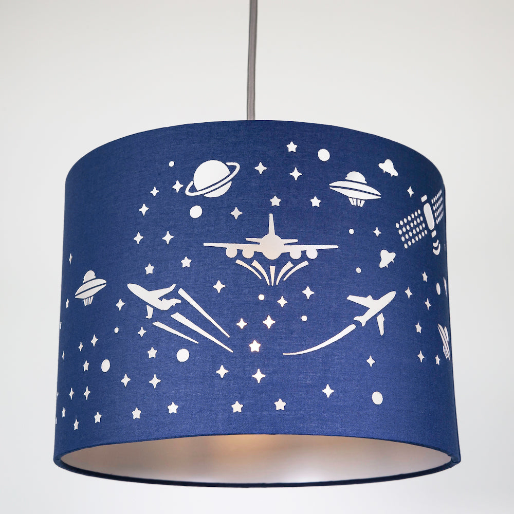 Stars and UFOs Decorated Children/Kids Midnight Blue Cotton Bedroom Lamp Shade Image 5